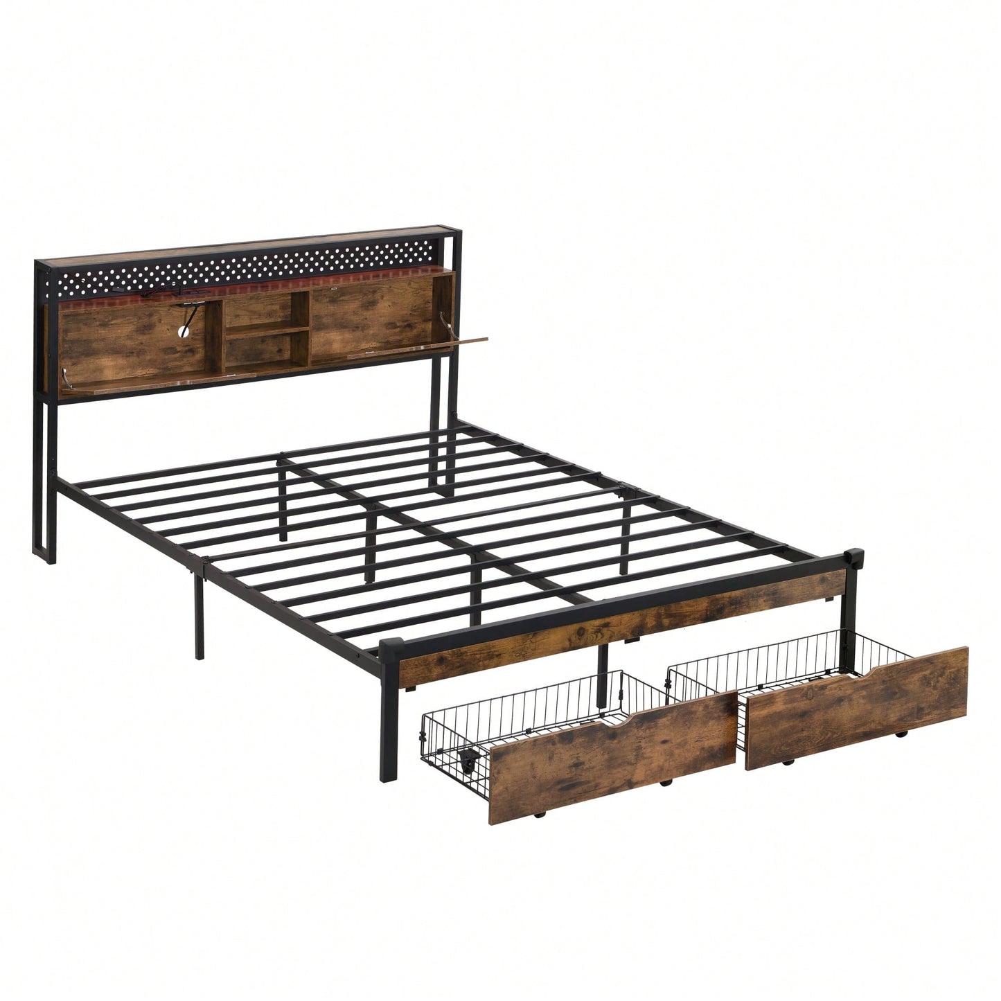 Full Size Metal Platform Bed Frame with Wooden Headboard USB Charging Station Storage Drawers LED Lights Easy Assembly No Box Spring Needed