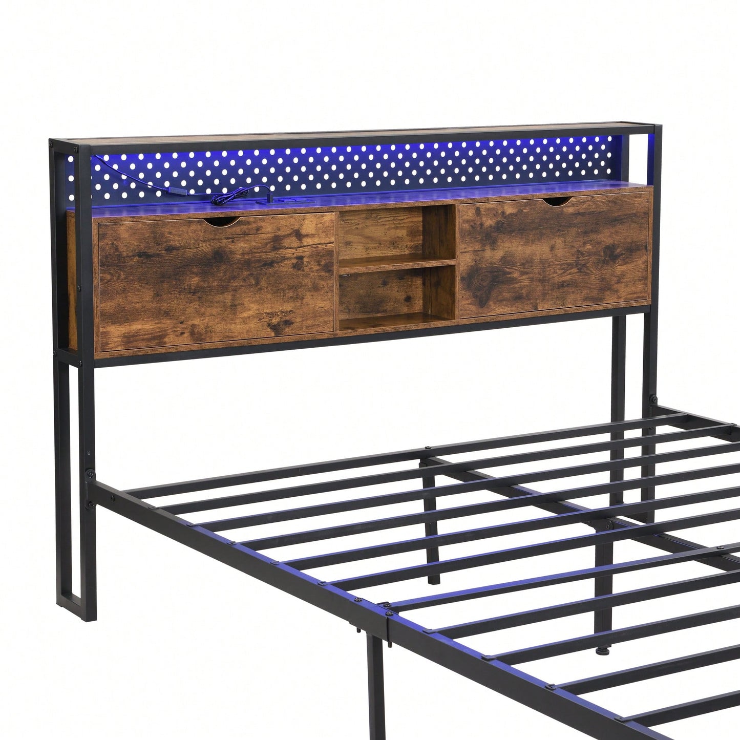 Full Size Metal Platform Bed Frame with Wooden Headboard USB Charging Station Storage Drawers LED Lights Easy Assembly No Box Spring Needed
