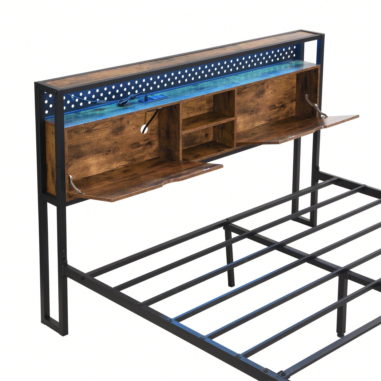 Full Size Metal Platform Bed Frame with Wooden Headboard USB Charging Station Storage Drawers LED Lights Easy Assembly No Box Spring Needed