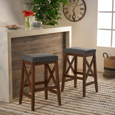 Set Of 2 Elegant Upholstered Saddle Barstool With Footrest For Kitchen Island Or Home Bar
