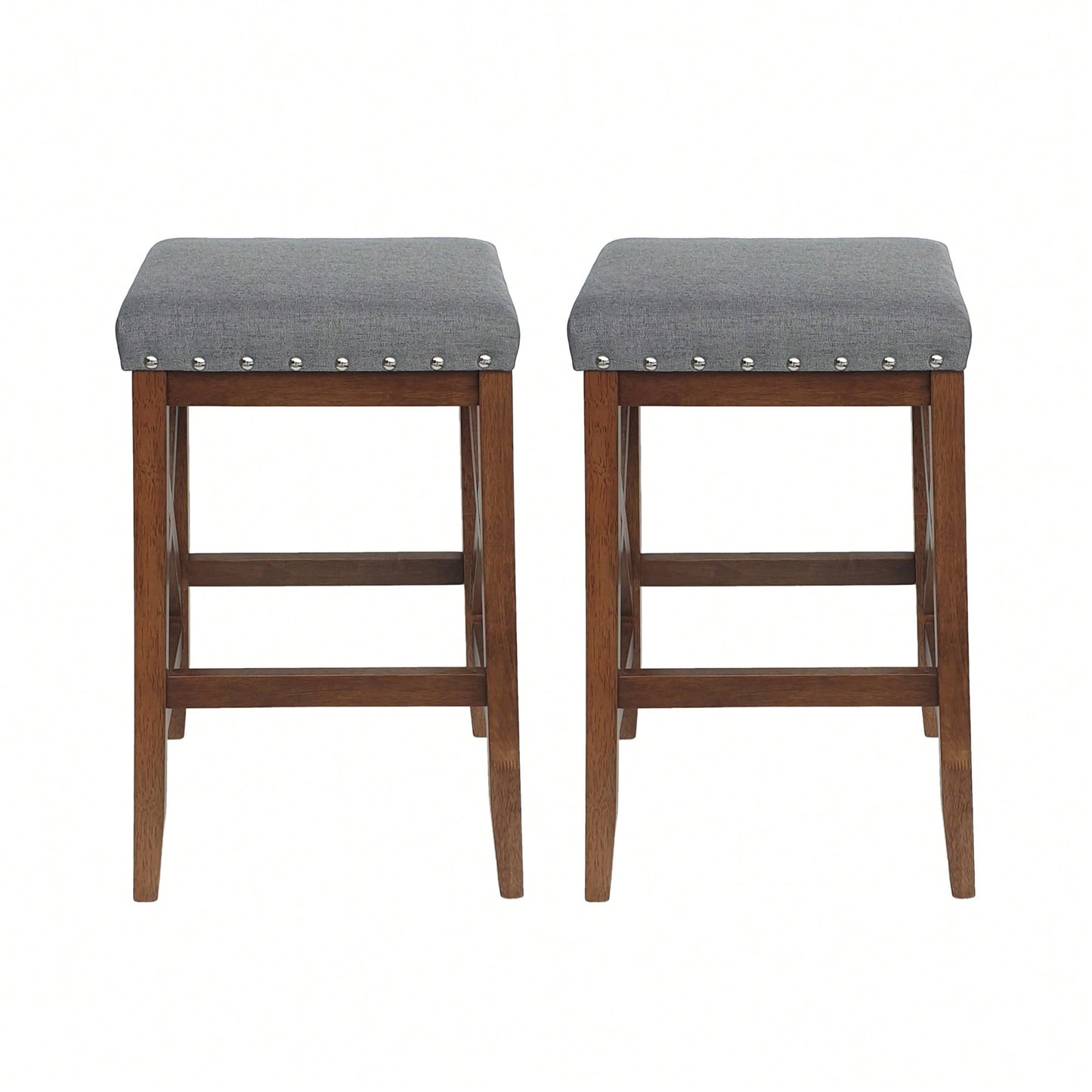 Set Of 2 Elegant Upholstered Saddle Barstool With Footrest For Kitchen Island Or Home Bar