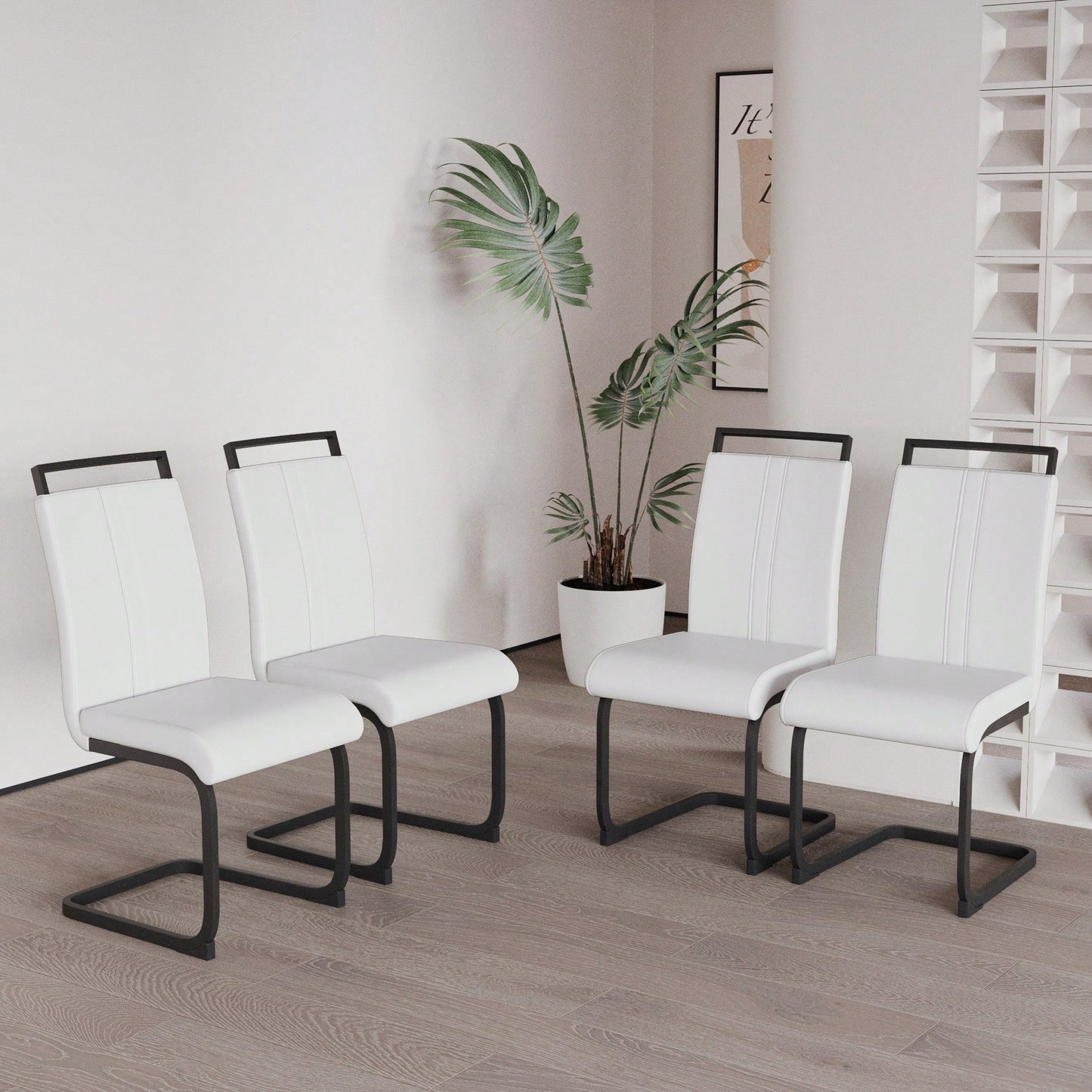 Modern High Back PU Faux Leather Dining Chairs With C-Shaped Metal Legs For Kitchen Office Patio Set Of 4 Black