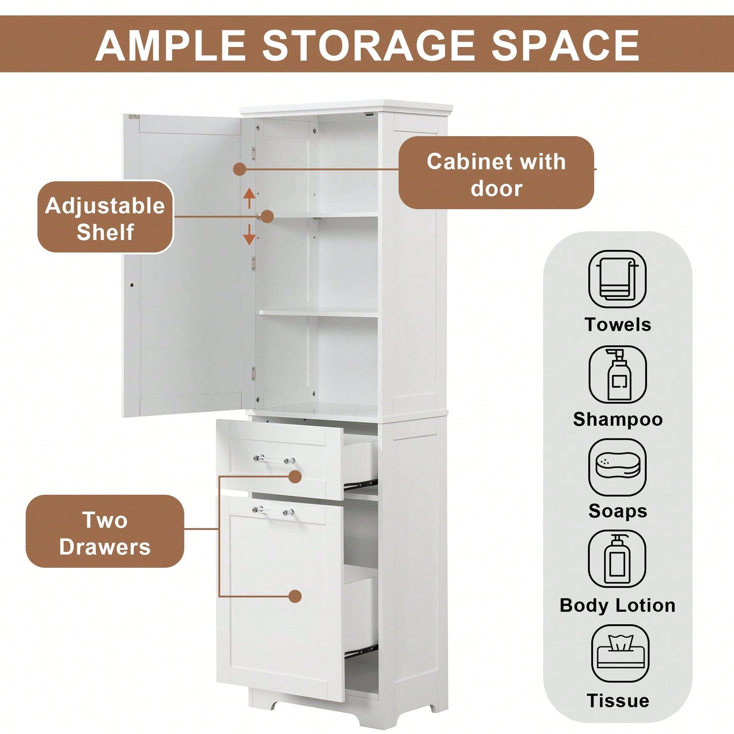 Freestanding Tall Bathroom Storage Cabinet With Adjustable Shelf And Two Drawer Sizes In White MDF Finish