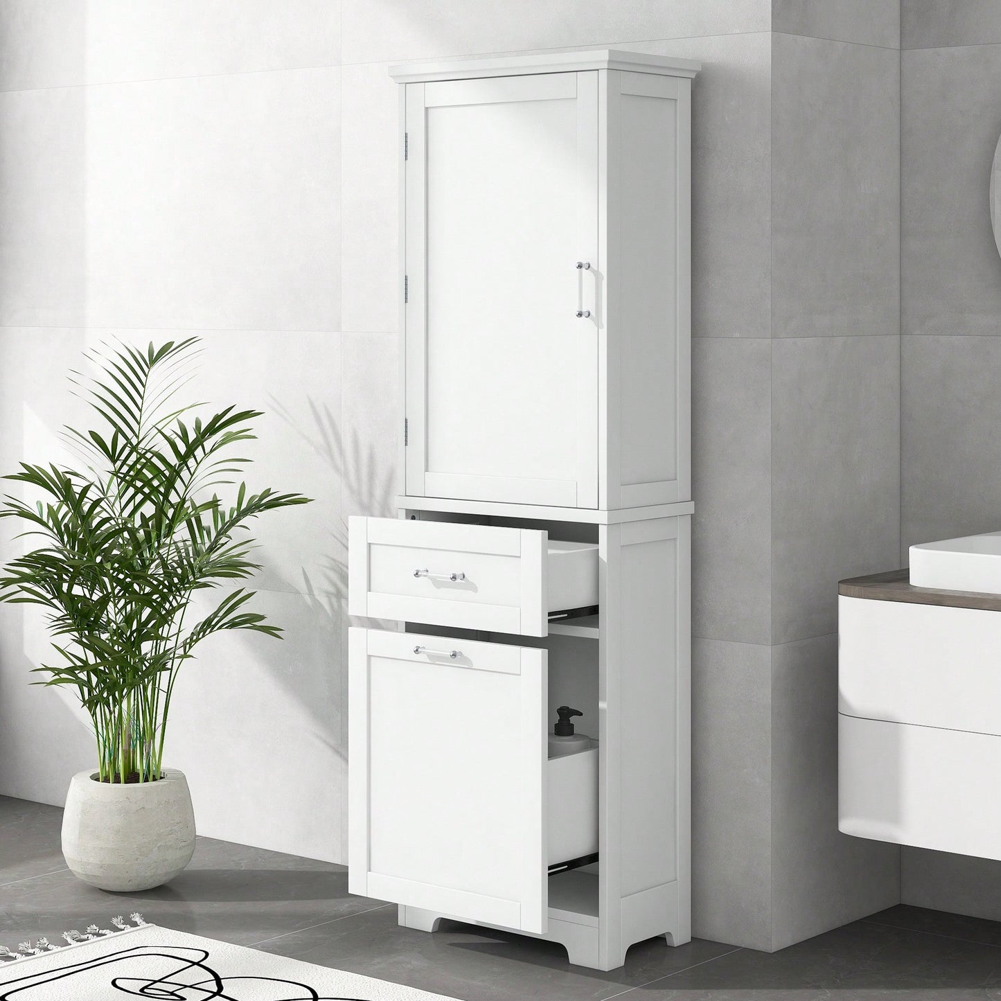 Freestanding Tall Bathroom Storage Cabinet With Adjustable Shelf And Two Drawer Sizes In White MDF Finish