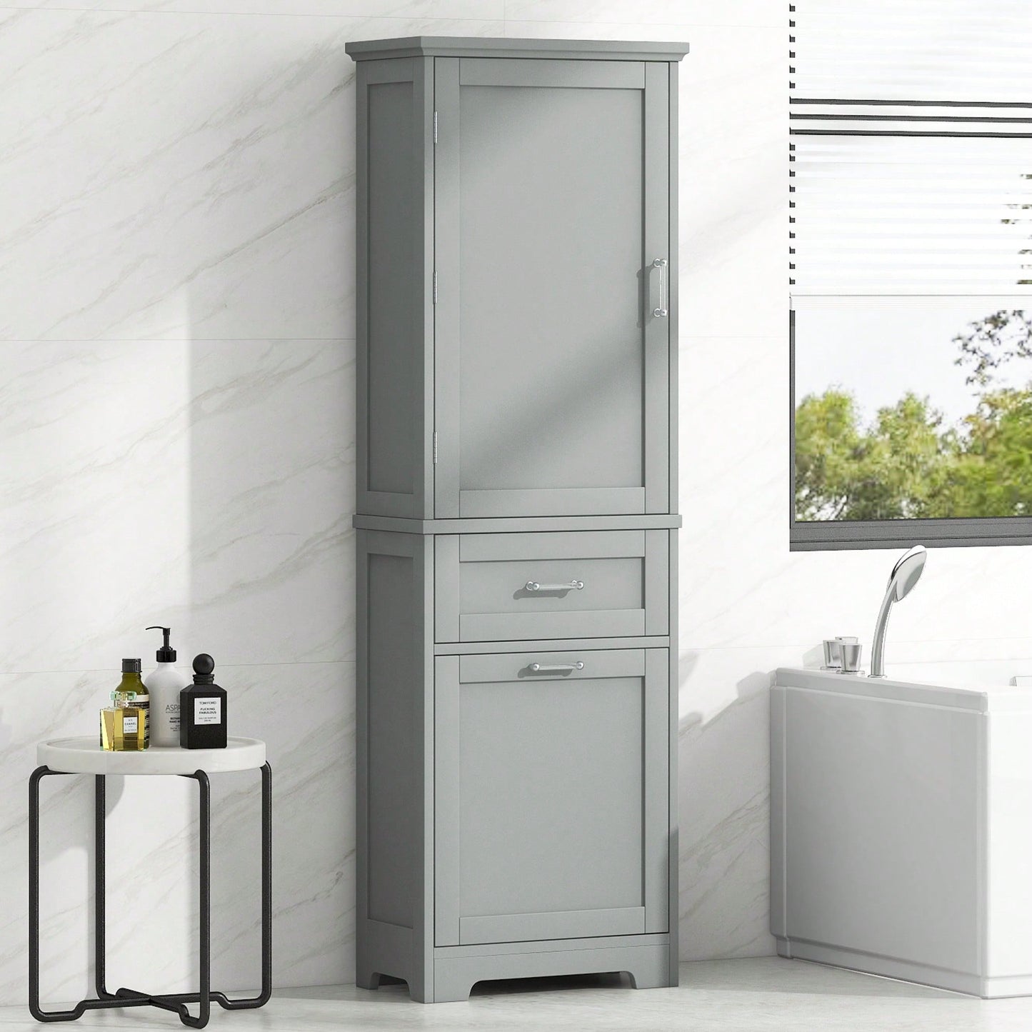 Freestanding Tall Bathroom Storage Cabinet With Adjustable Shelf And Two Drawer Sizes In White MDF Finish