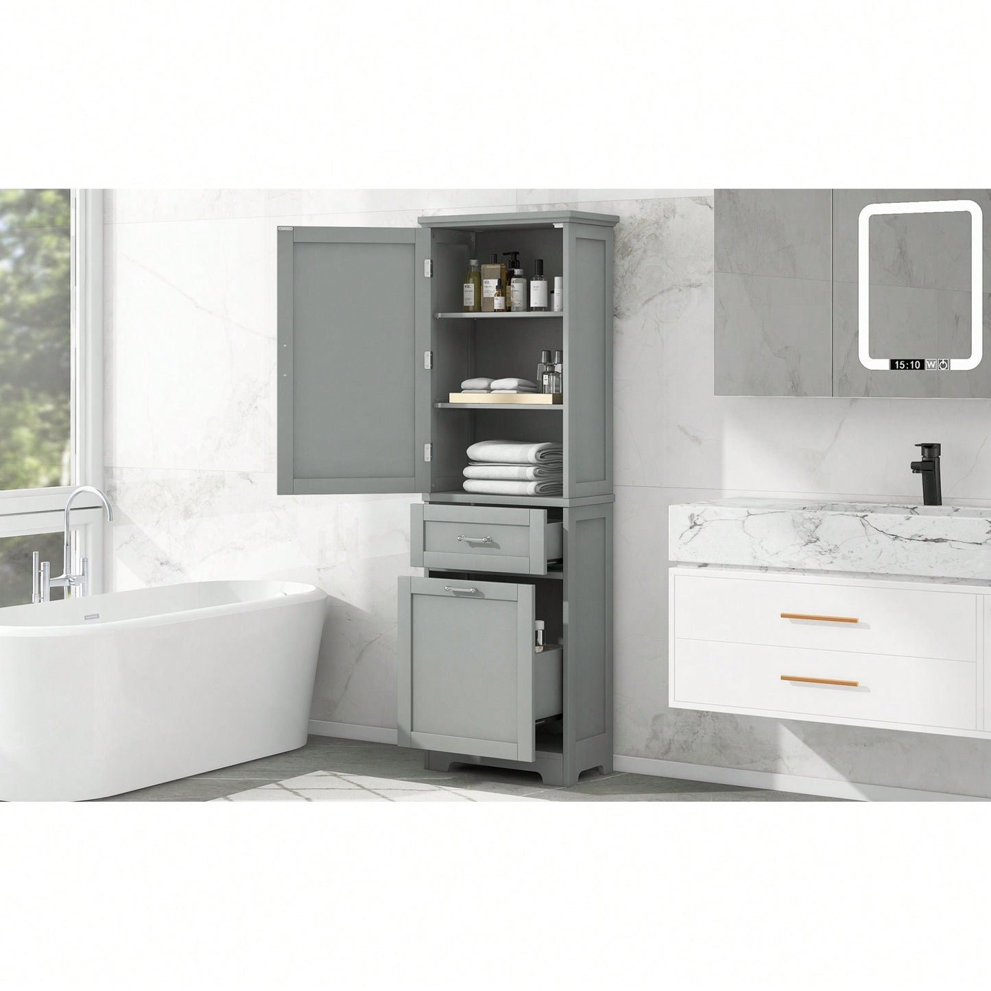 Freestanding Tall Bathroom Storage Cabinet With Adjustable Shelf And Two Drawer Sizes In White MDF Finish