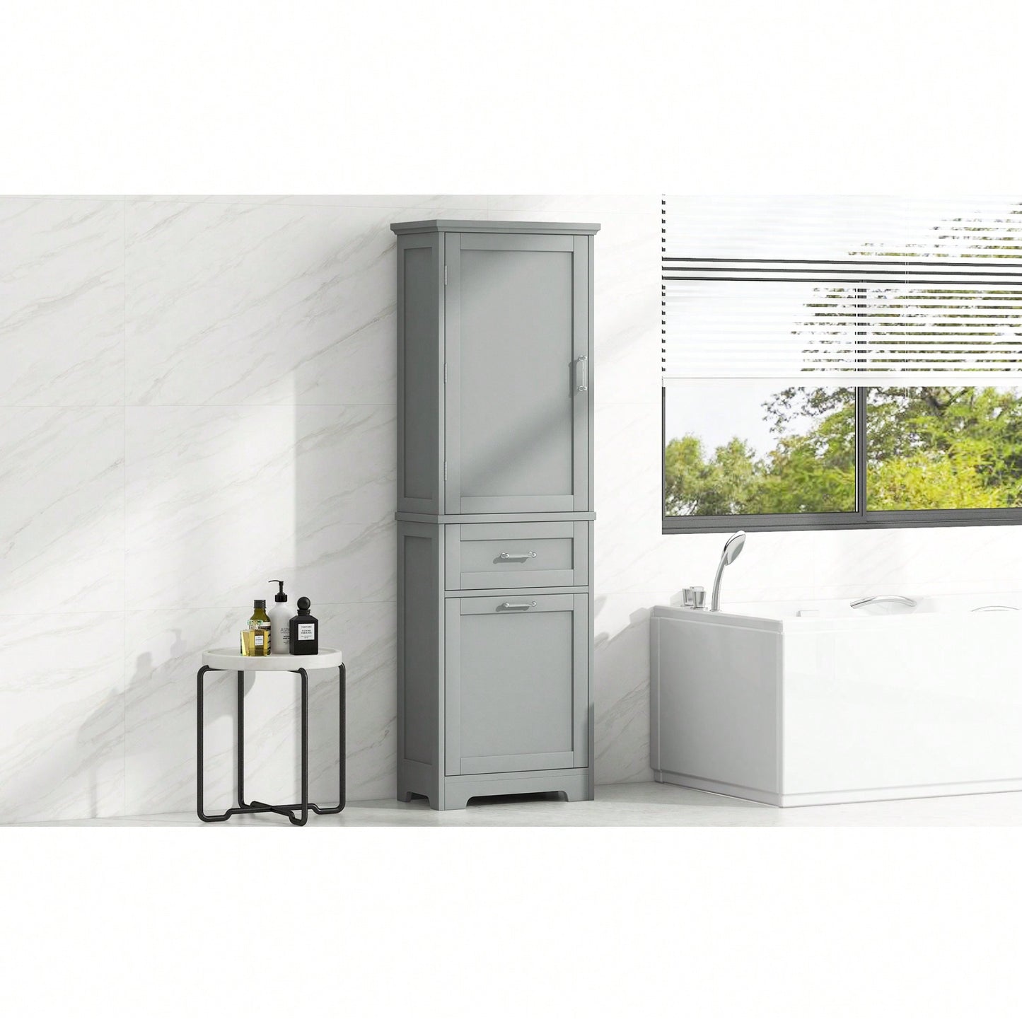 Freestanding Tall Bathroom Storage Cabinet With Adjustable Shelf And Two Drawer Sizes In White MDF Finish