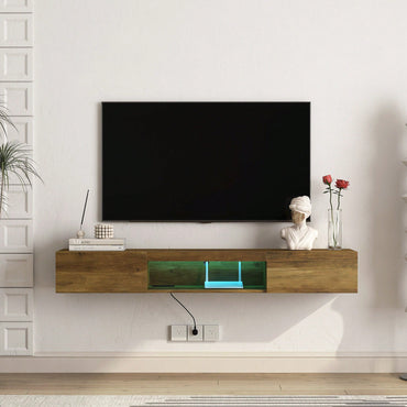 Modern Wall Mounted Floating TV Stand With LED Lights And Power Outlet For 65 Inch TVs - Brown