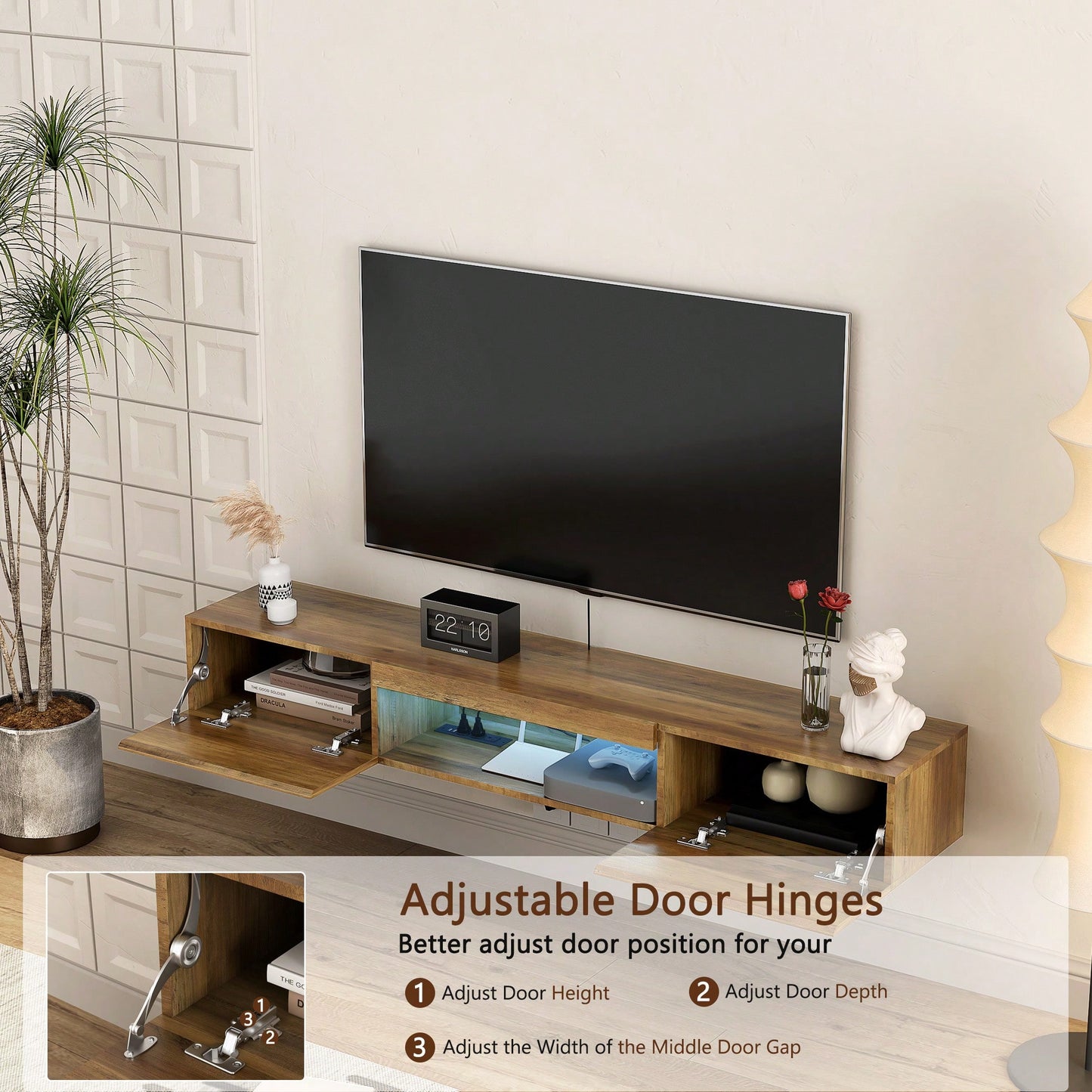 Modern Wall Mounted Floating TV Stand With LED Lights And Power Outlet For 65 Inch TVs - Brown