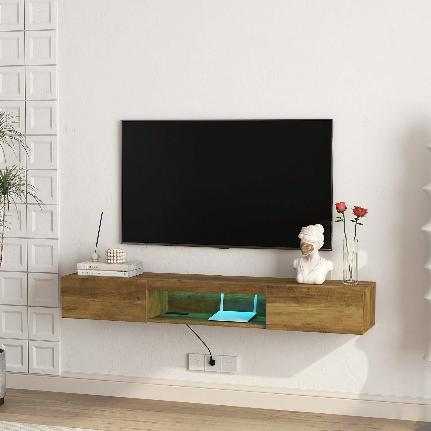 Modern Wall Mounted Floating TV Stand With LED Lights And Power Outlet For 65 Inch TVs - Brown