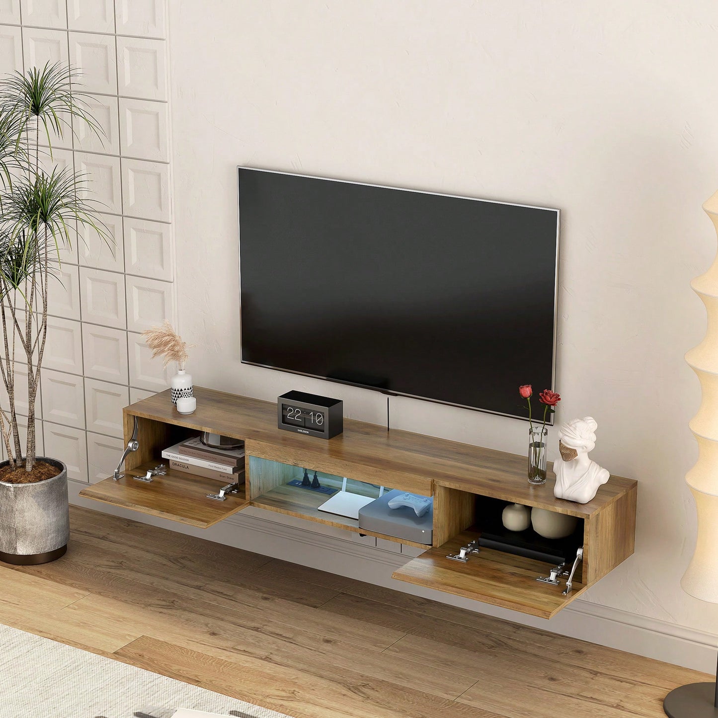 Modern Wall Mounted Floating TV Stand With LED Lights And Power Outlet For 65 Inch TVs - Brown