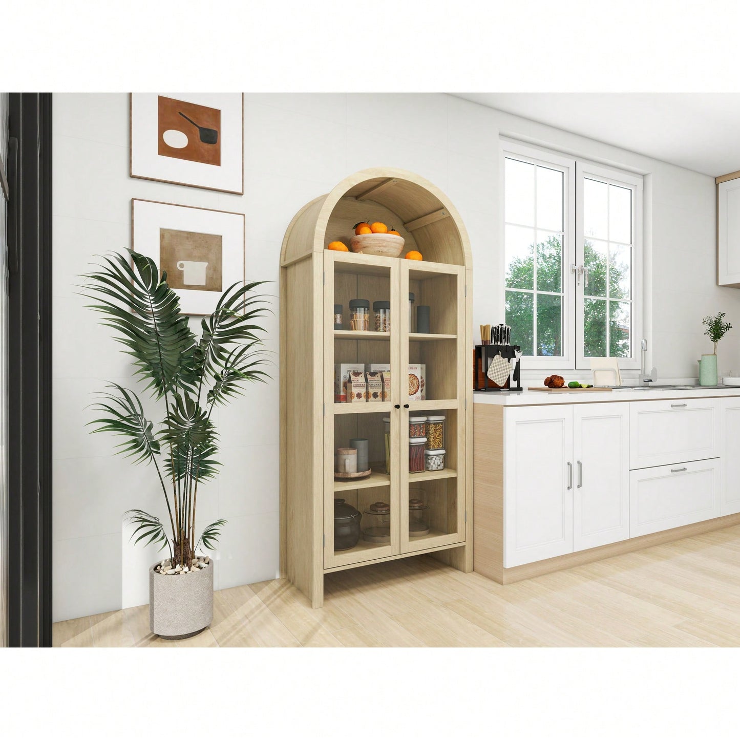 Tall Arched Kitchen Pantry Storage Cabinet With Adjustable Shelves For Modern Farmhouse Style Dining Room Or Living Room