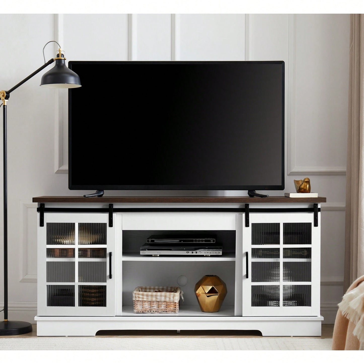 Multipurpose Sliding Door TV Cabinet With Adjustable Shelves For TVs Up To 65 Inches Large Storage Solution In White And Brown Finish