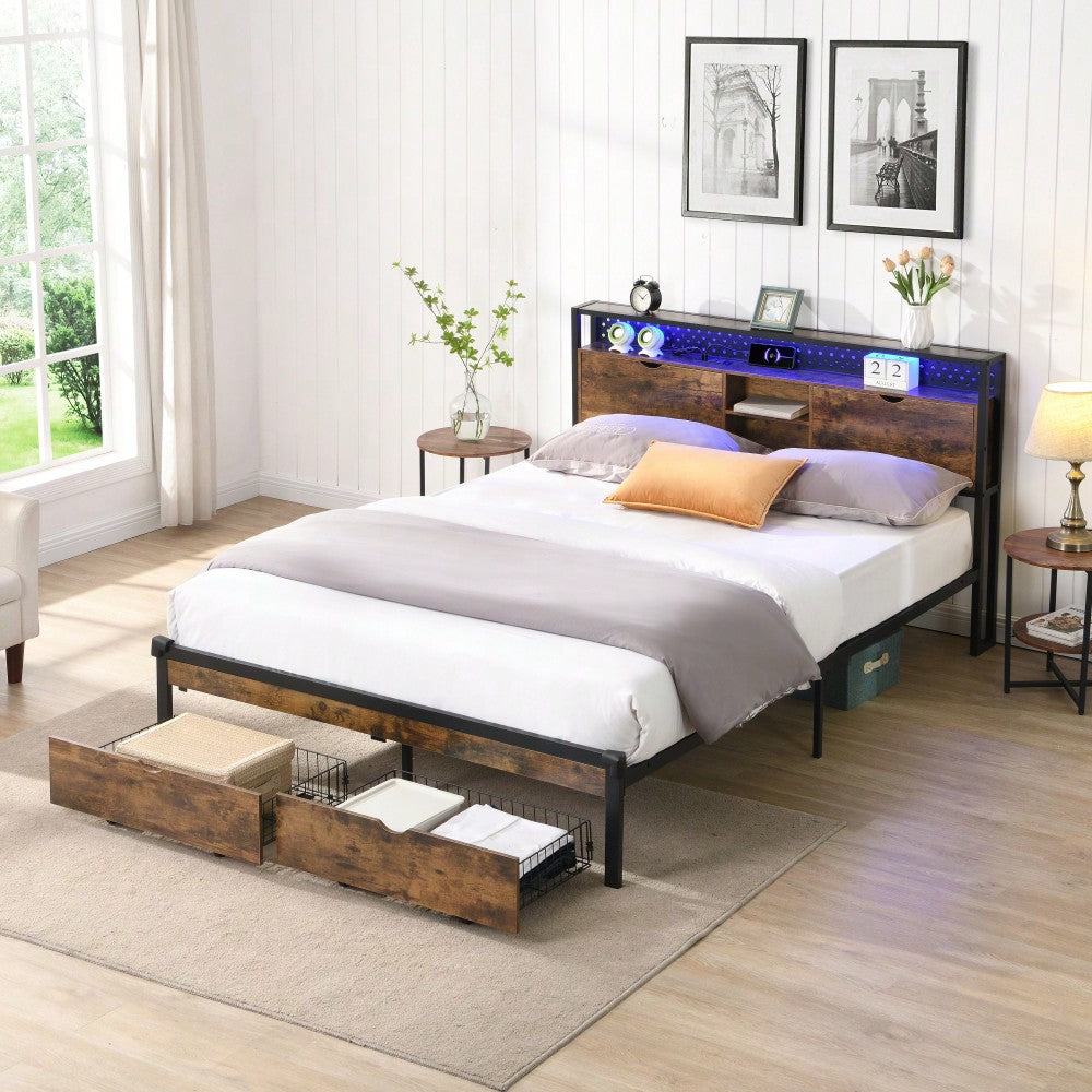 King Size Metal Platform Bed Frame with Wooden Headboard USB Charging Station Storage Drawers LED Lights Easy Assembly No Box Spring Needed