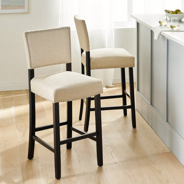 Set Of 2 Upholstered Barstools With Rivet Detail Wood Frame Fabric Cushion For Kitchen Island Dining Room Bedroom