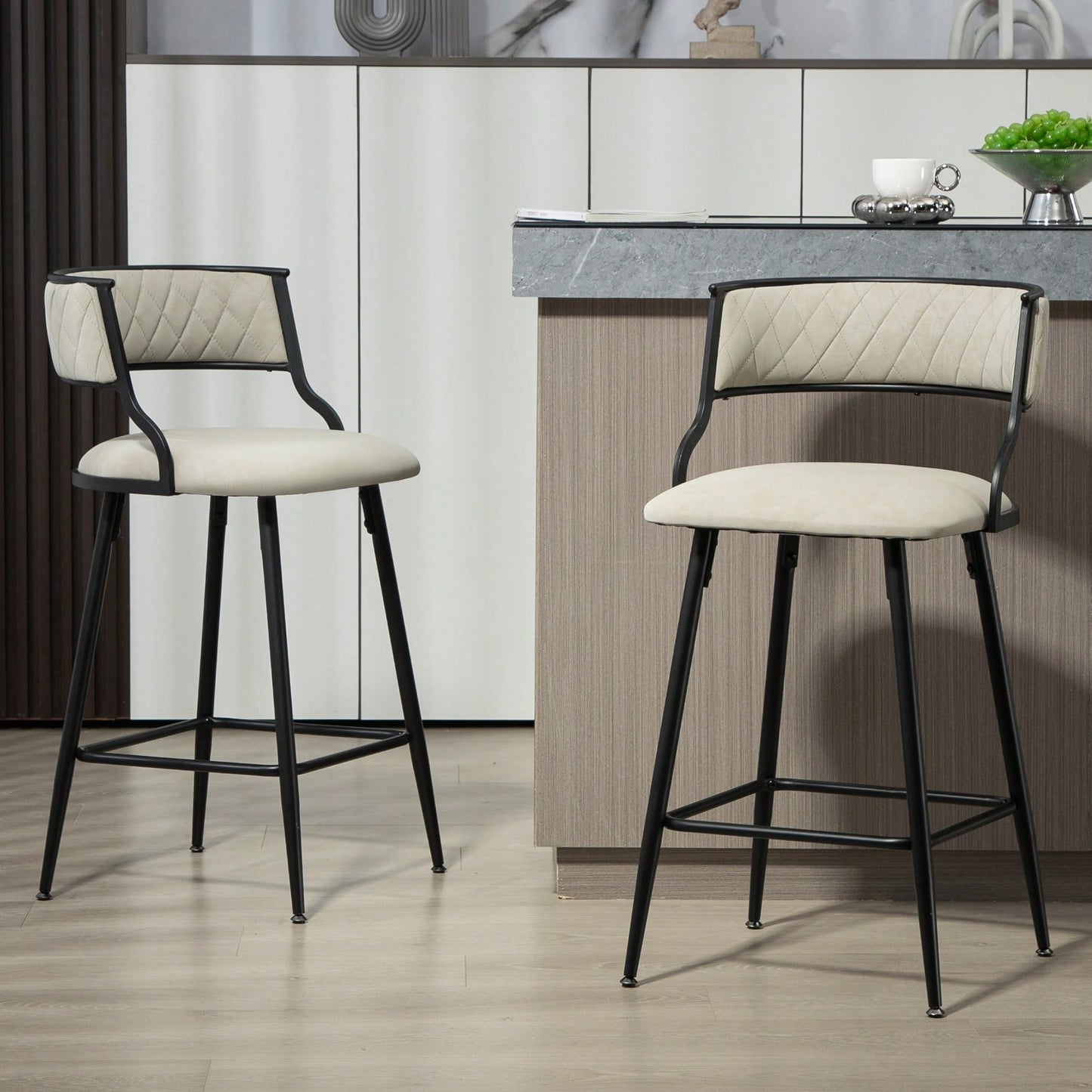 Set Of 2 Counter Height Bar Stools With PU Cover And Black Powder Coating Base Beige