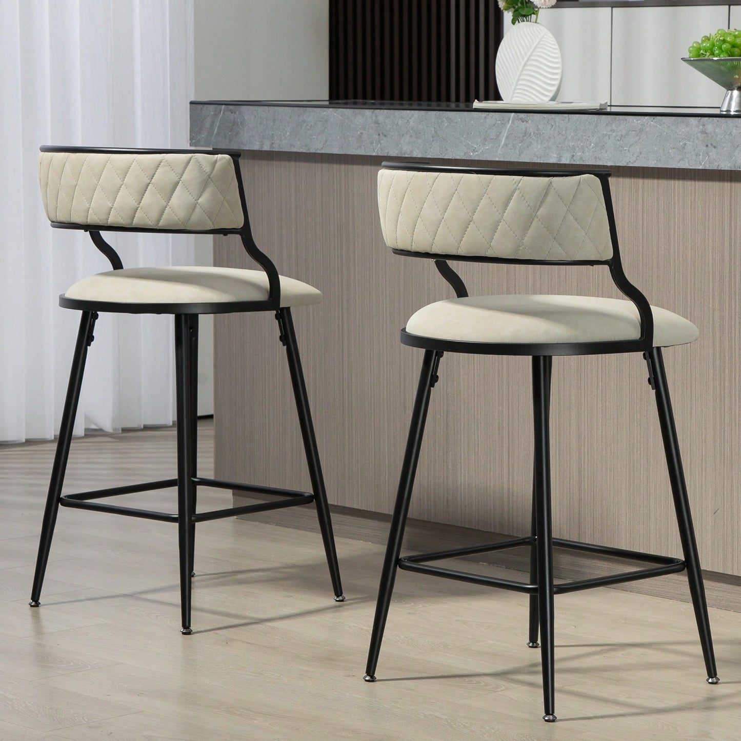 Set Of 2 Counter Height Bar Stools With PU Cover And Black Powder Coating Base Beige