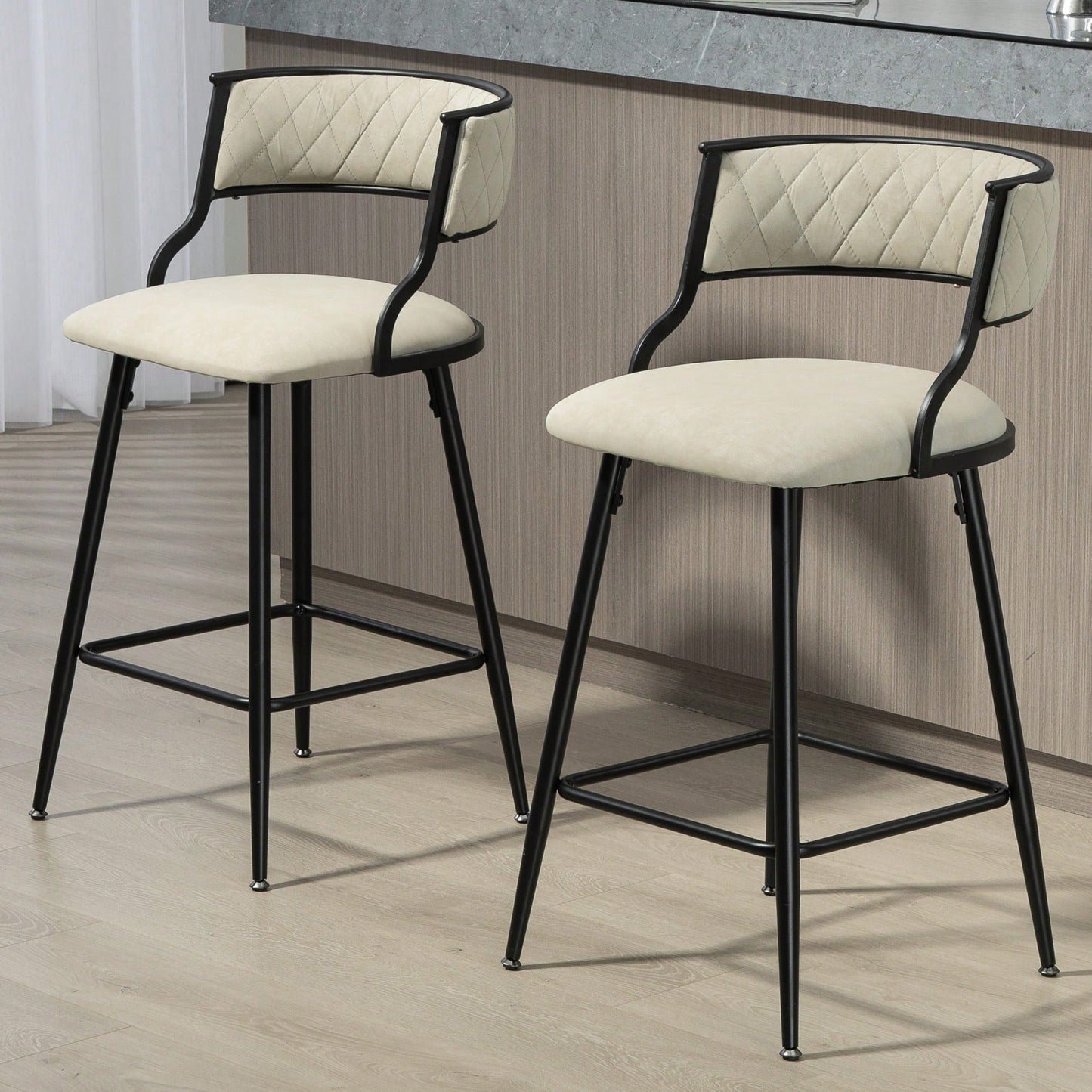 Set Of 2 Counter Height Bar Stools With PU Cover And Black Powder Coating Base Beige