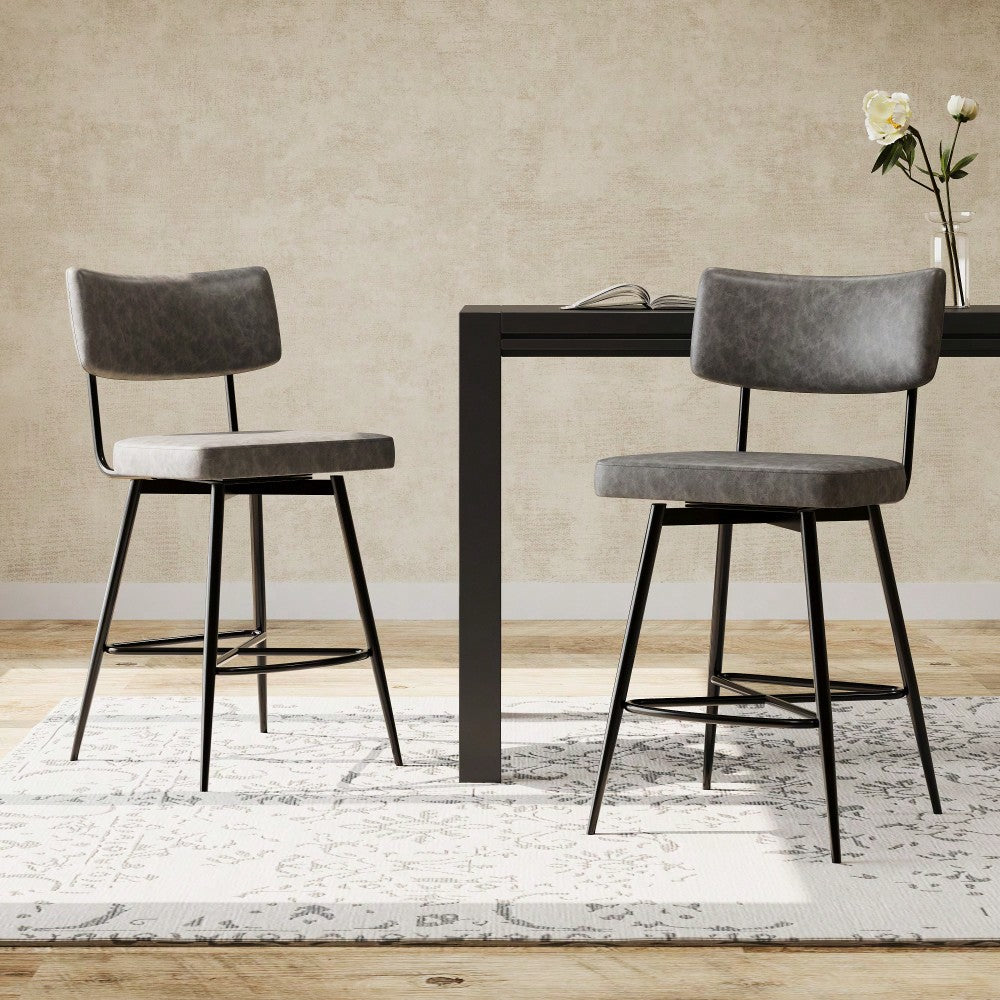Set Of 2 Retro Swivel Counter Stools In Grey With Iron Frame PU Sponge Cushion And Footrest Ideal For Kitchen Dining Room And Bedroom