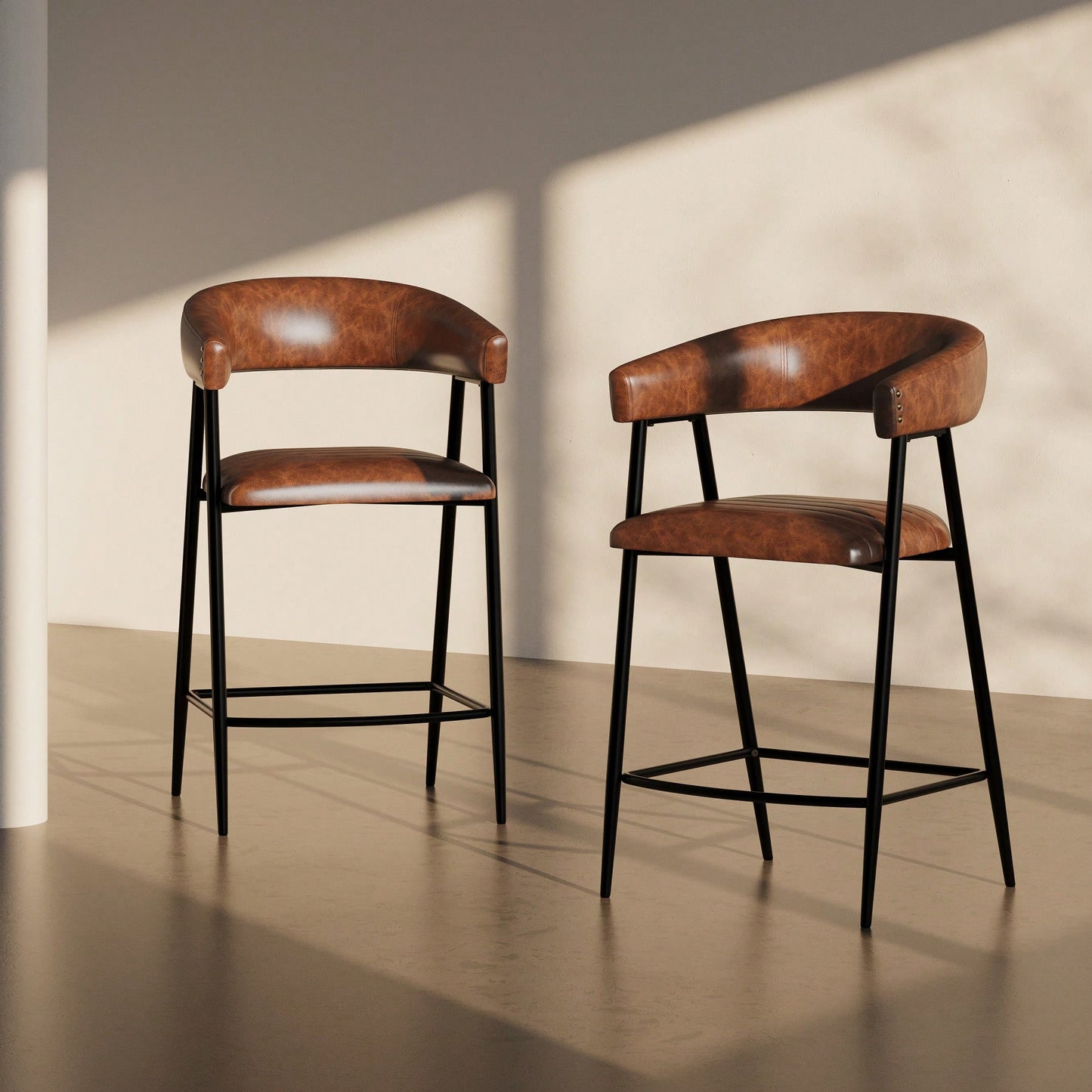 26 Inch PU Upholstered Counter Stools Set Of 2 With Iron Frame Backrest And Footrest For Kitchen Bar And Home Use Brown