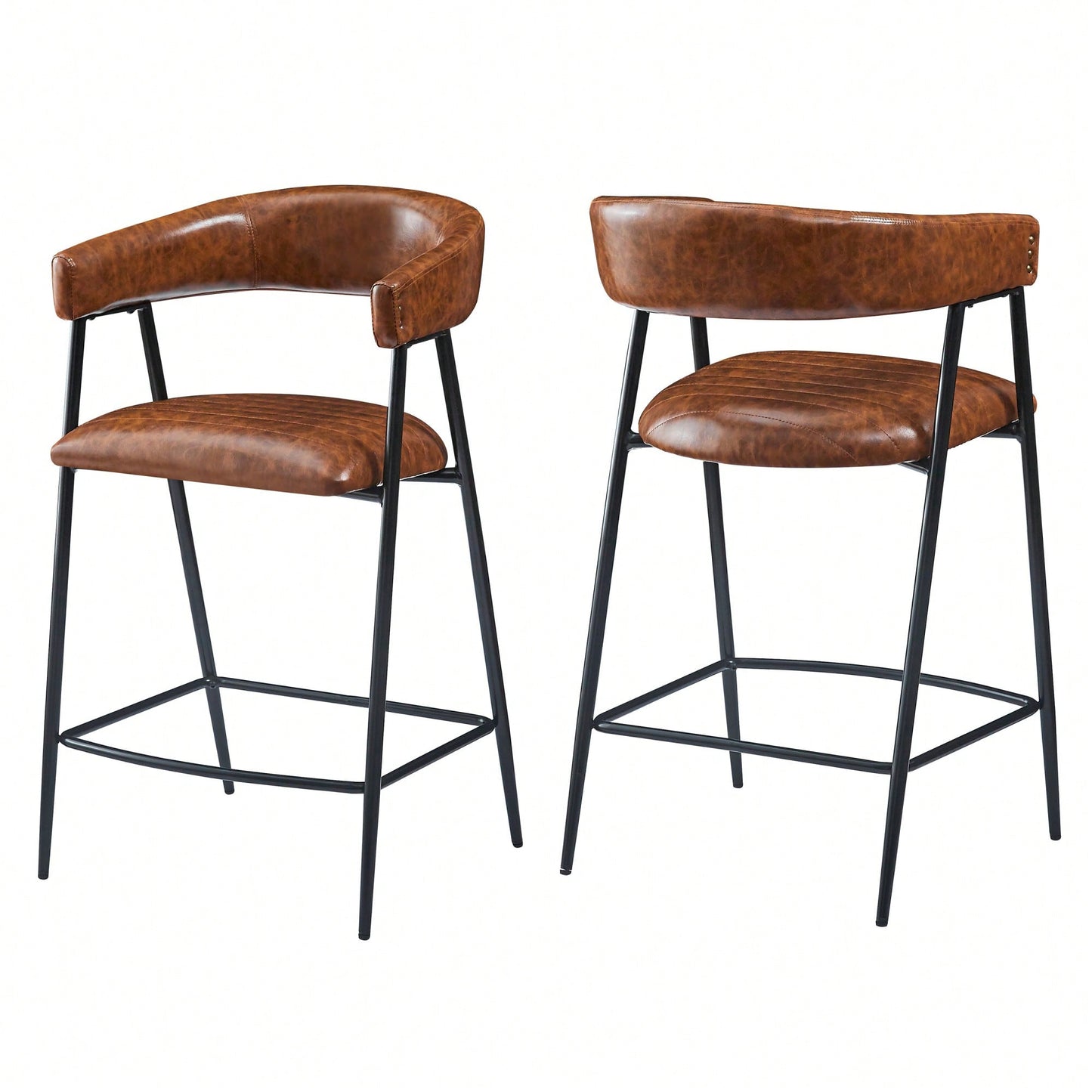 26 Inch PU Upholstered Counter Stools Set Of 2 With Iron Frame Backrest And Footrest For Kitchen Bar And Home Use Brown