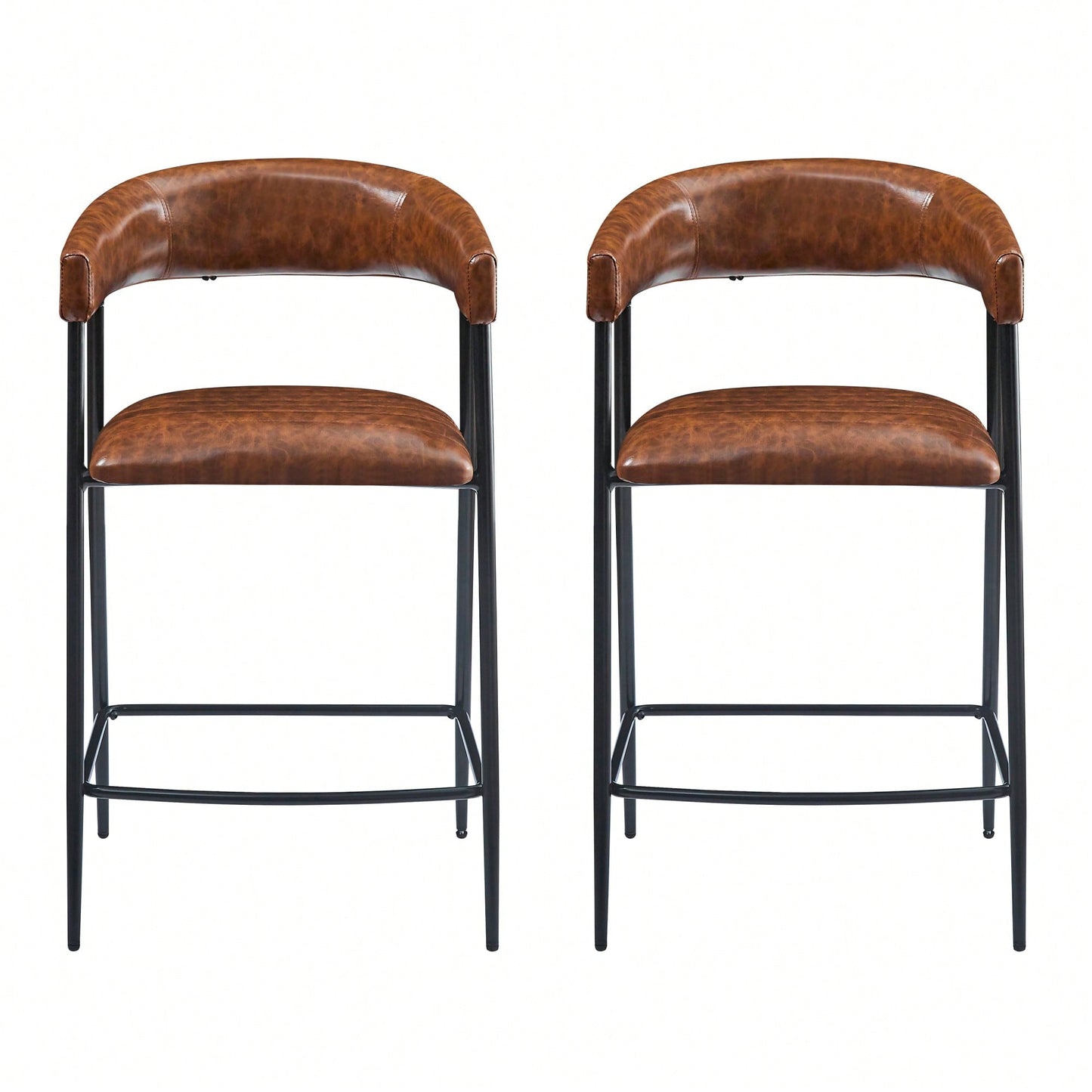 26 Inch PU Upholstered Counter Stools Set Of 2 With Iron Frame Backrest And Footrest For Kitchen Bar And Home Use Brown