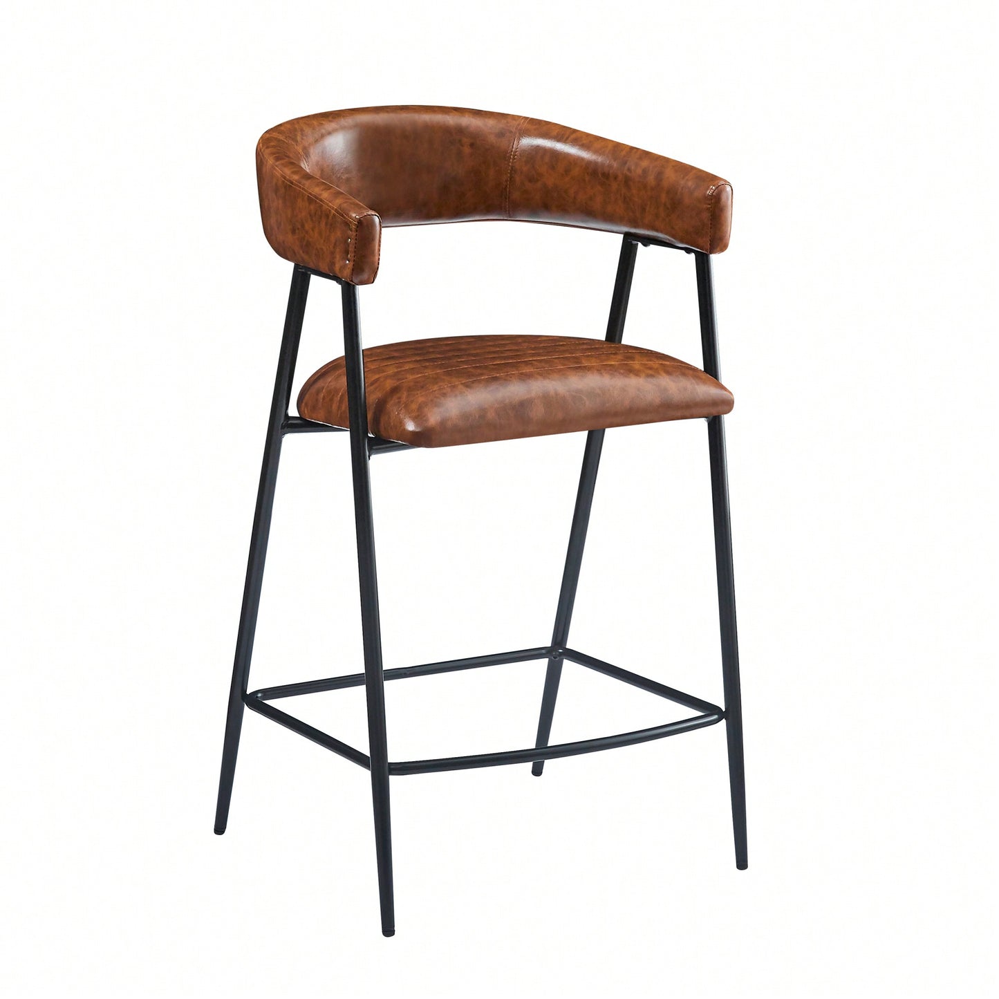 26 Inch PU Upholstered Counter Stools Set Of 2 With Iron Frame Backrest And Footrest For Kitchen Bar And Home Use Brown