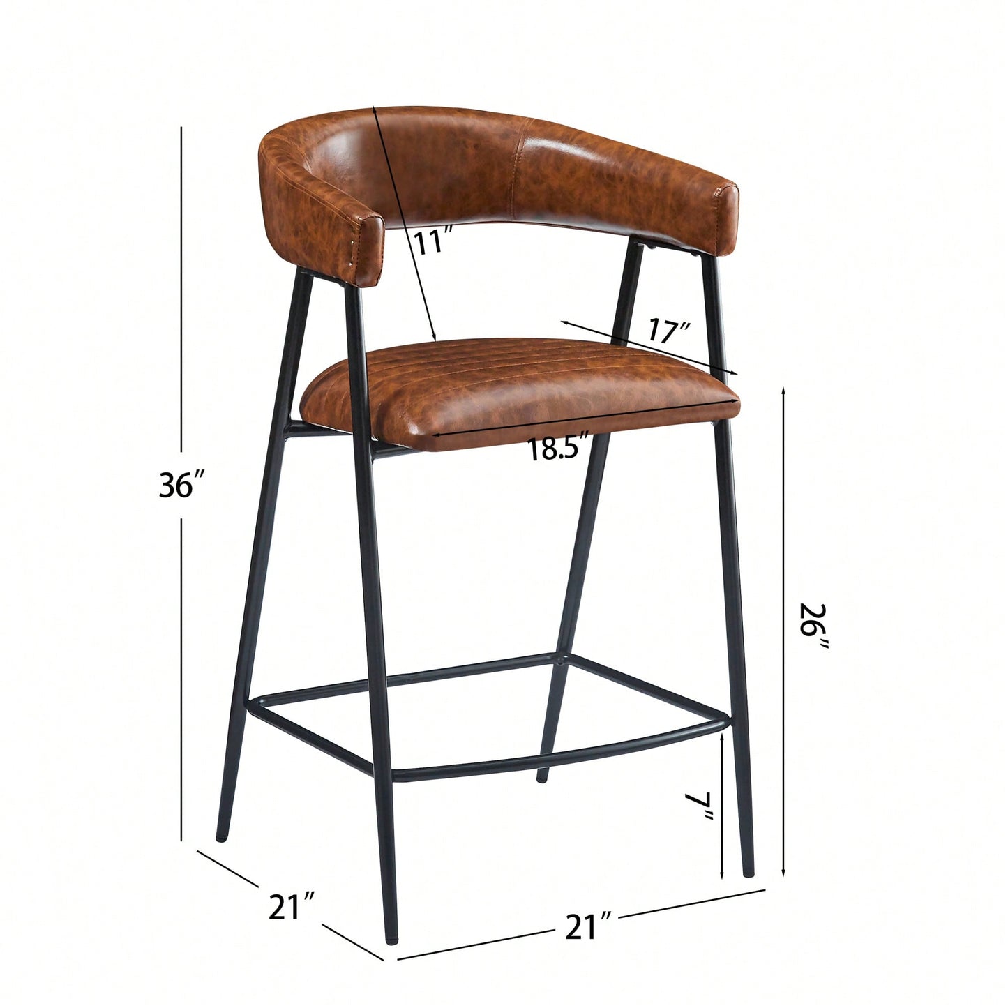 26 Inch PU Upholstered Counter Stools Set Of 2 With Iron Frame Backrest And Footrest For Kitchen Bar And Home Use Brown