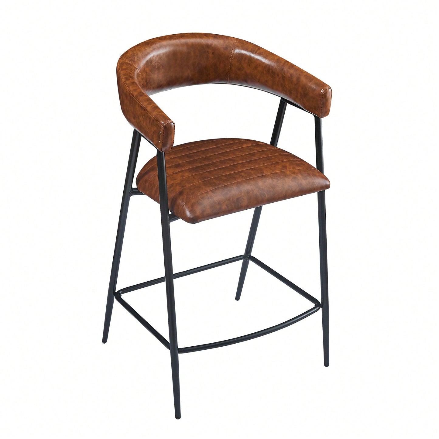 26 Inch PU Upholstered Counter Stools Set Of 2 With Iron Frame Backrest And Footrest For Kitchen Bar And Home Use Brown