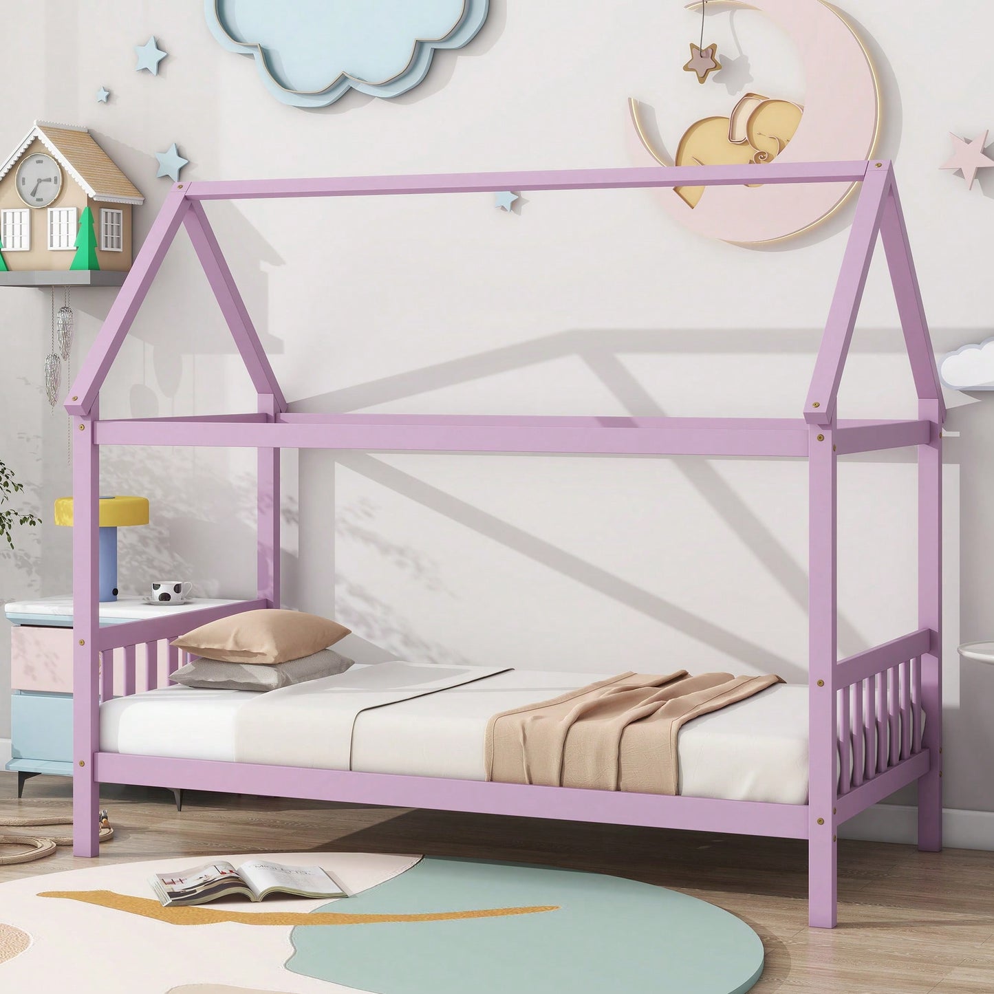 Twin House Bed With Headboard And Footboard In White Rubber Wood Frame