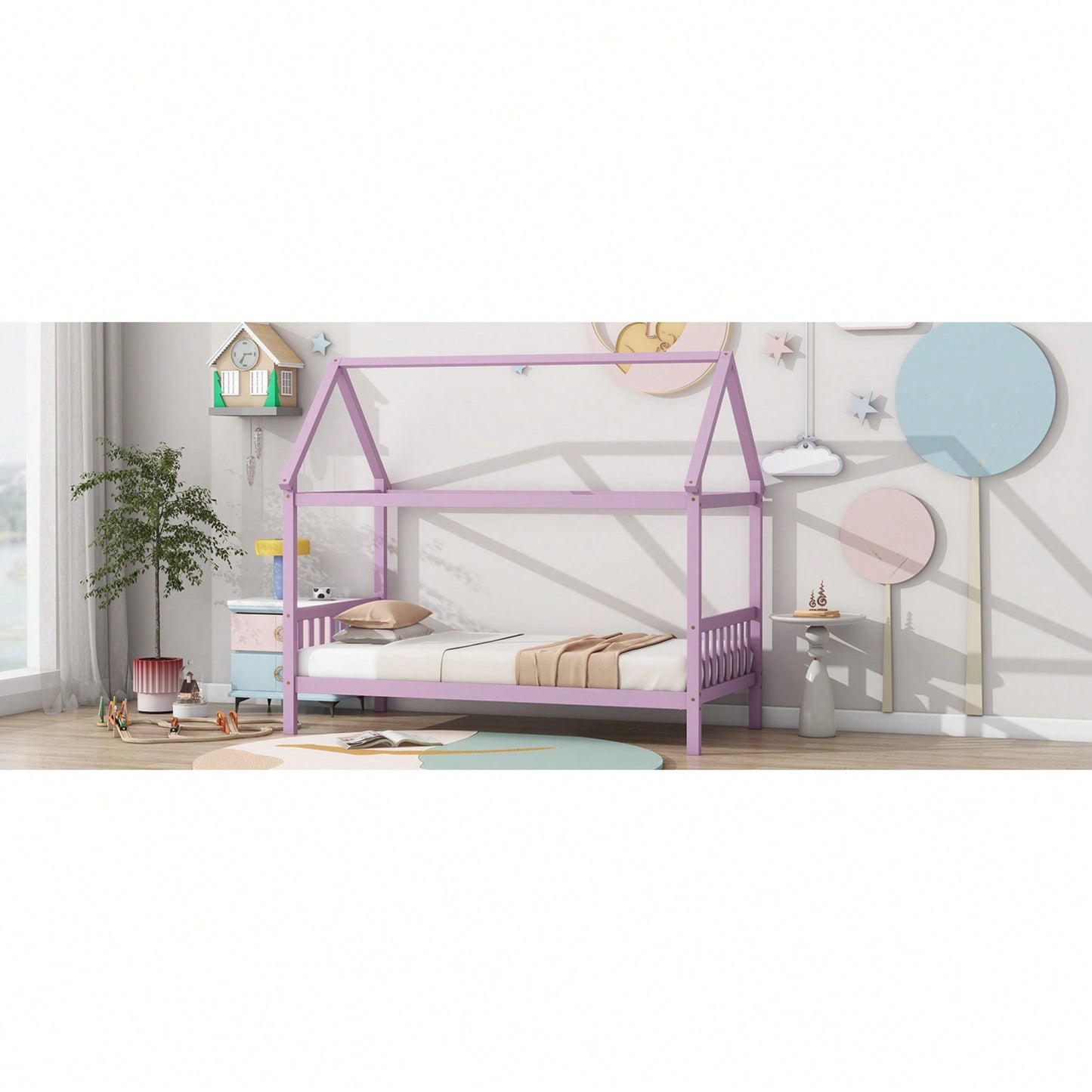 Twin House Bed With Headboard And Footboard In White Rubber Wood Frame