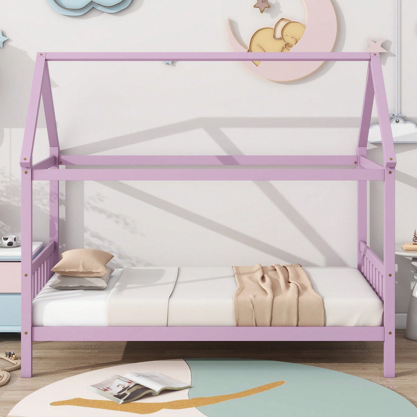 Twin House Bed With Headboard And Footboard In White Rubber Wood Frame