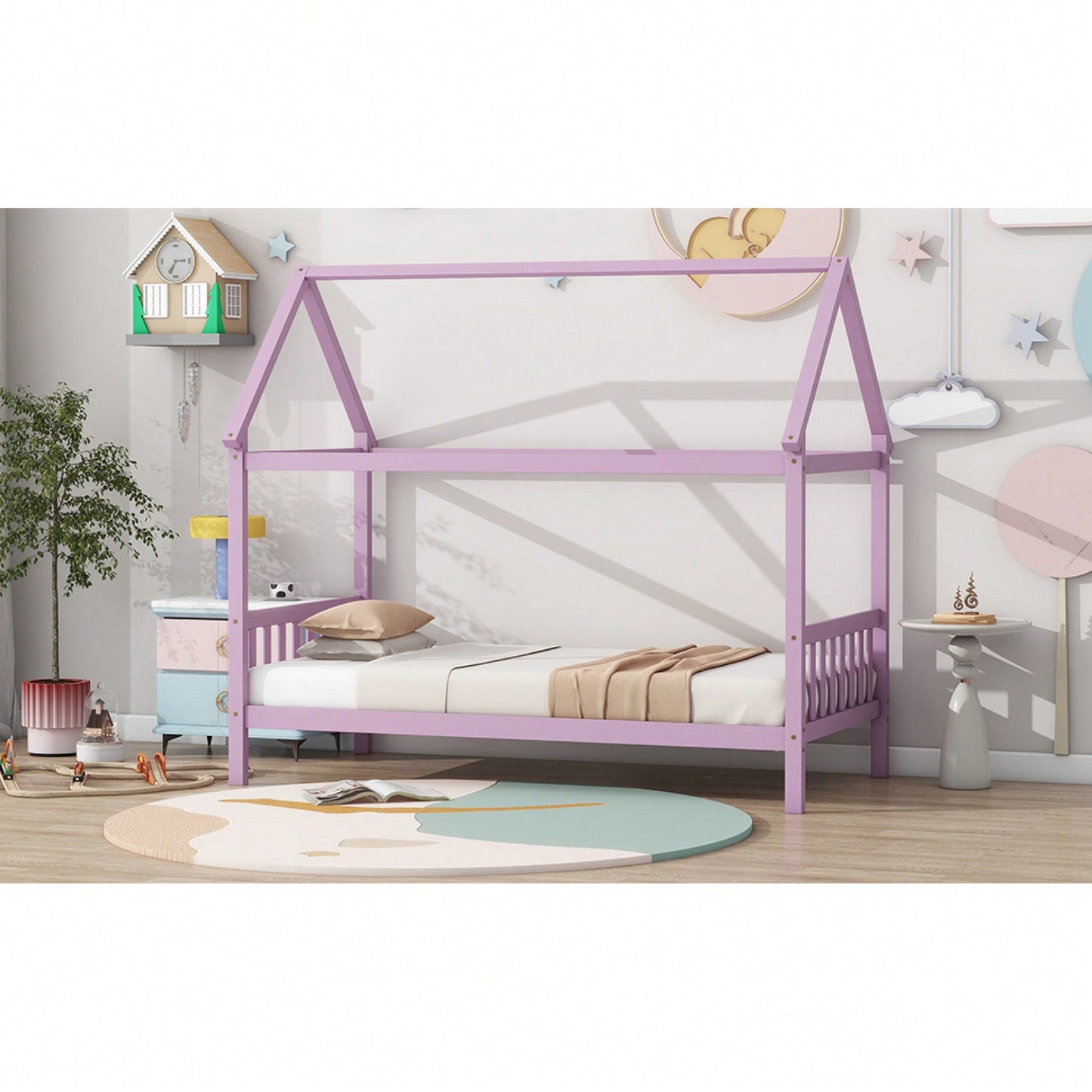 Twin House Bed With Headboard And Footboard In White Rubber Wood Frame