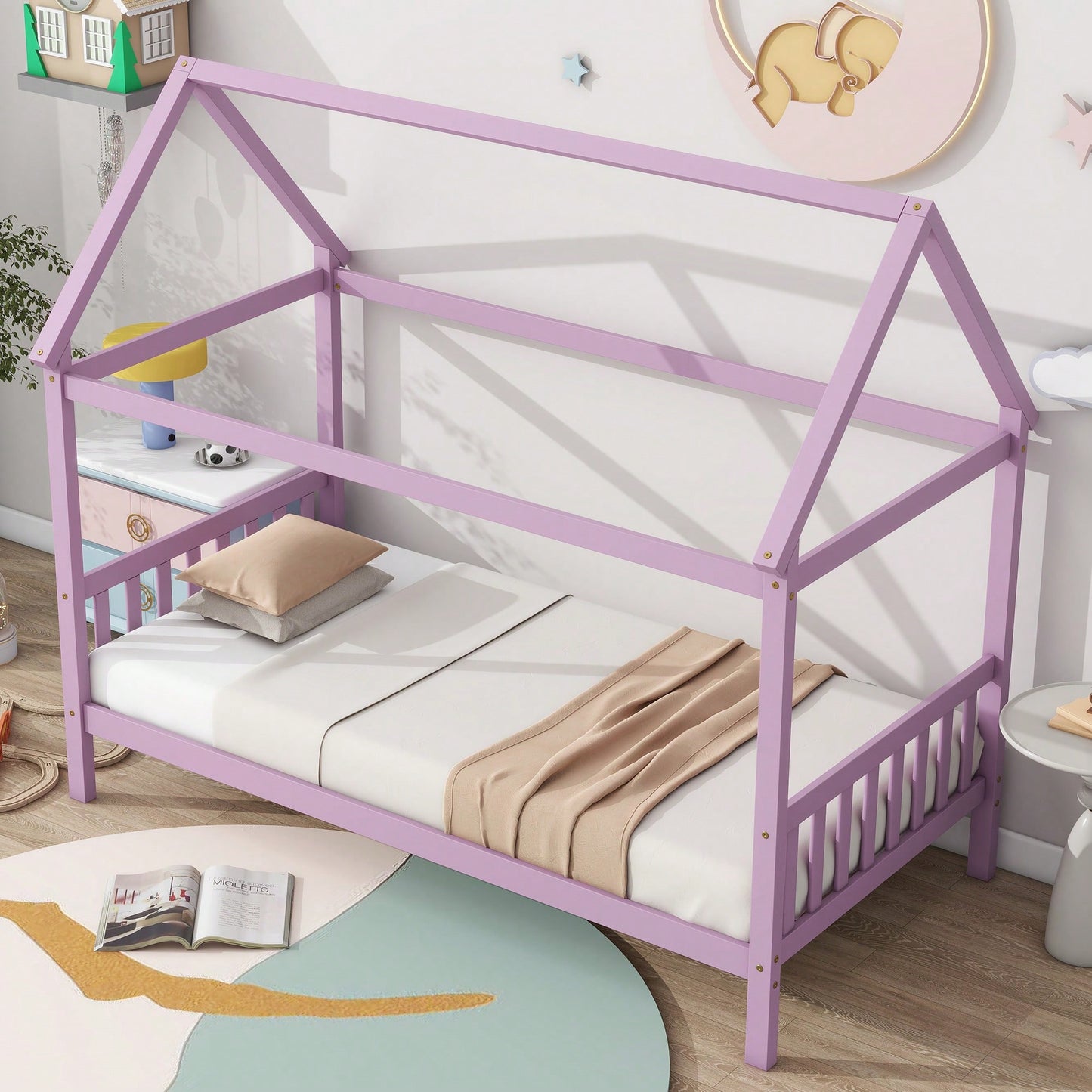 Twin House Bed With Headboard And Footboard In White Rubber Wood Frame