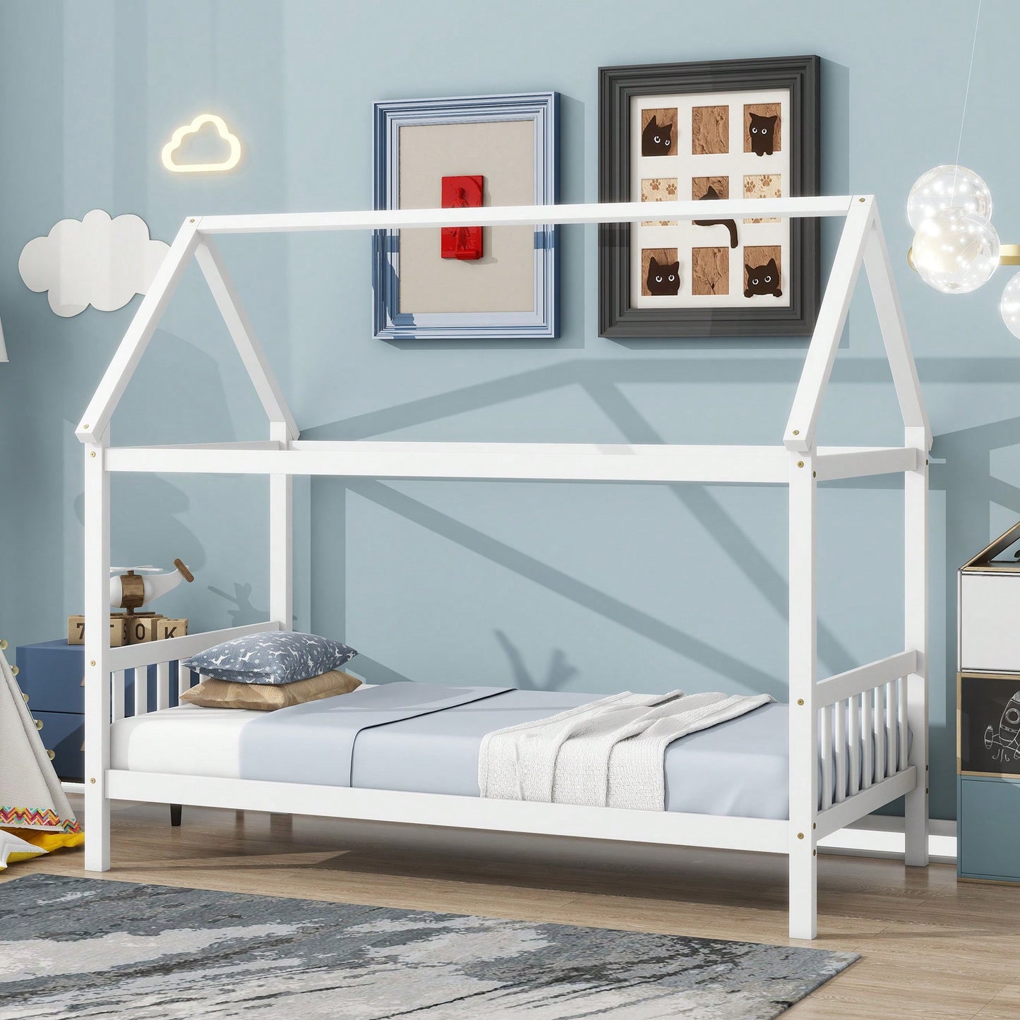 Twin House Bed With Headboard And Footboard In White Rubber Wood Frame