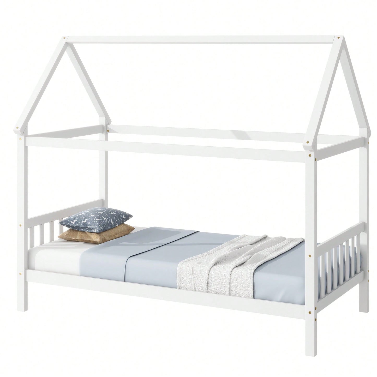 Twin House Bed With Headboard And Footboard In White Rubber Wood Frame
