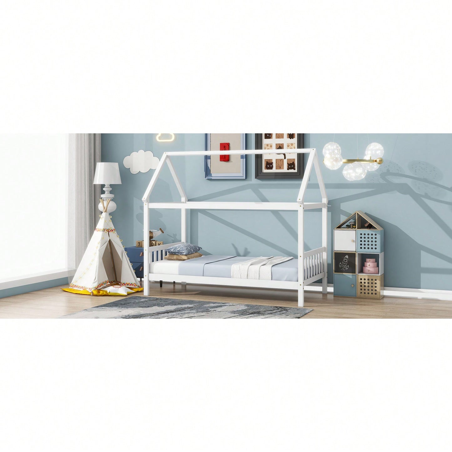 Twin House Bed With Headboard And Footboard In White Rubber Wood Frame