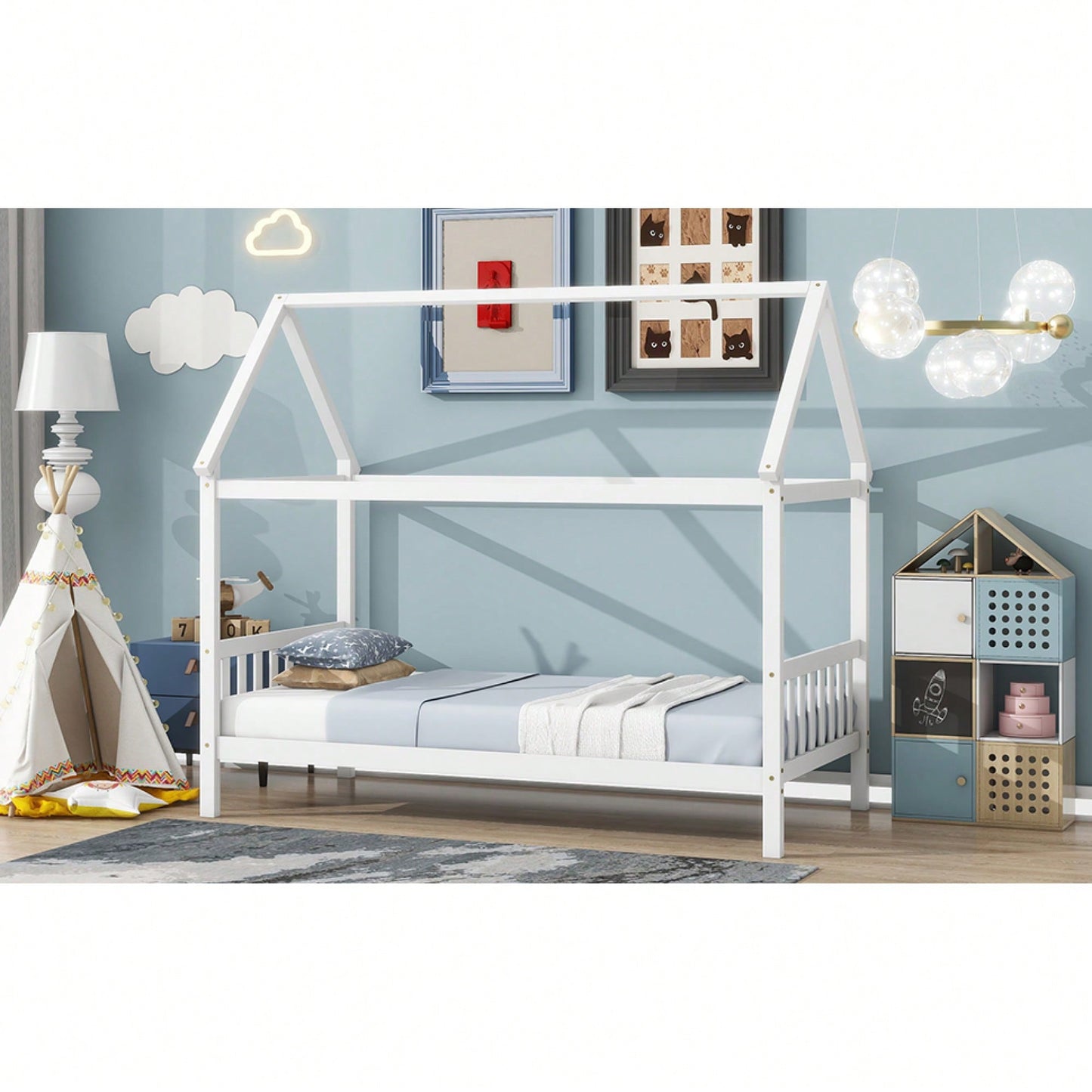 Twin House Bed With Headboard And Footboard In White Rubber Wood Frame
