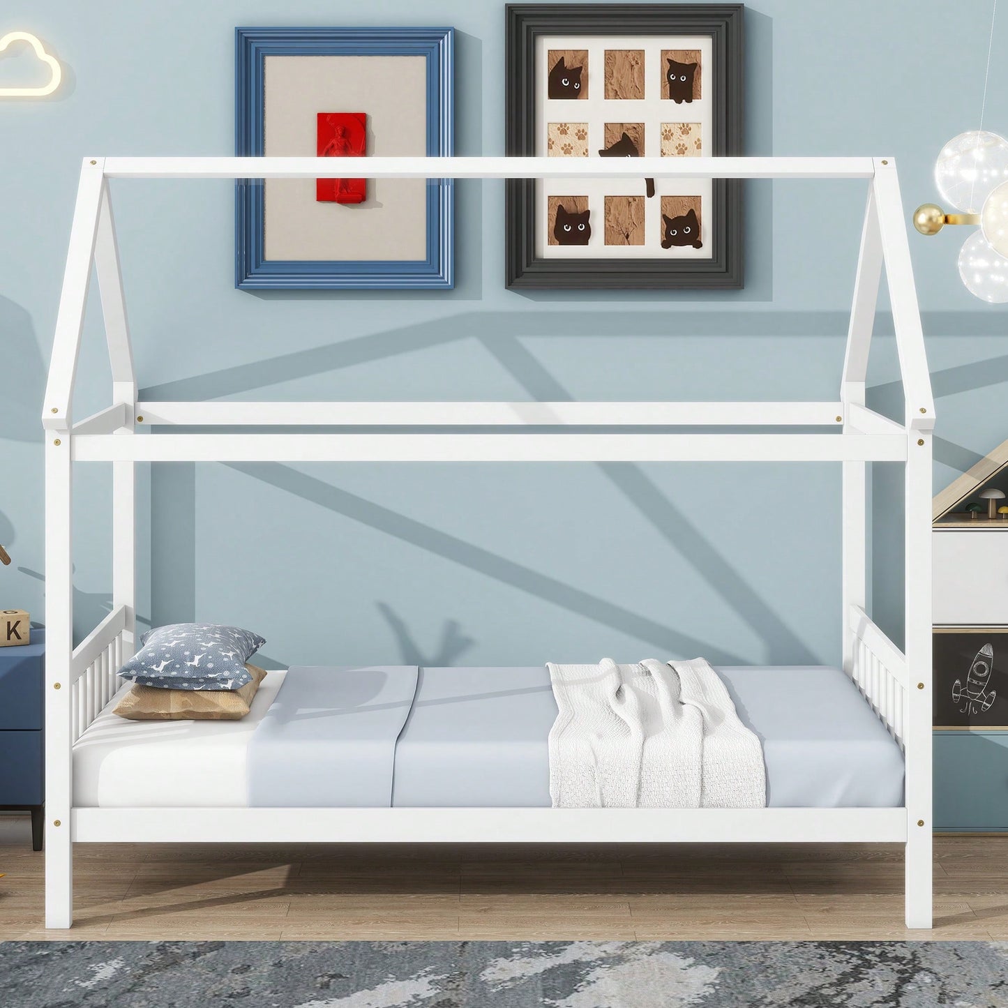Twin House Bed With Headboard And Footboard In White Rubber Wood Frame