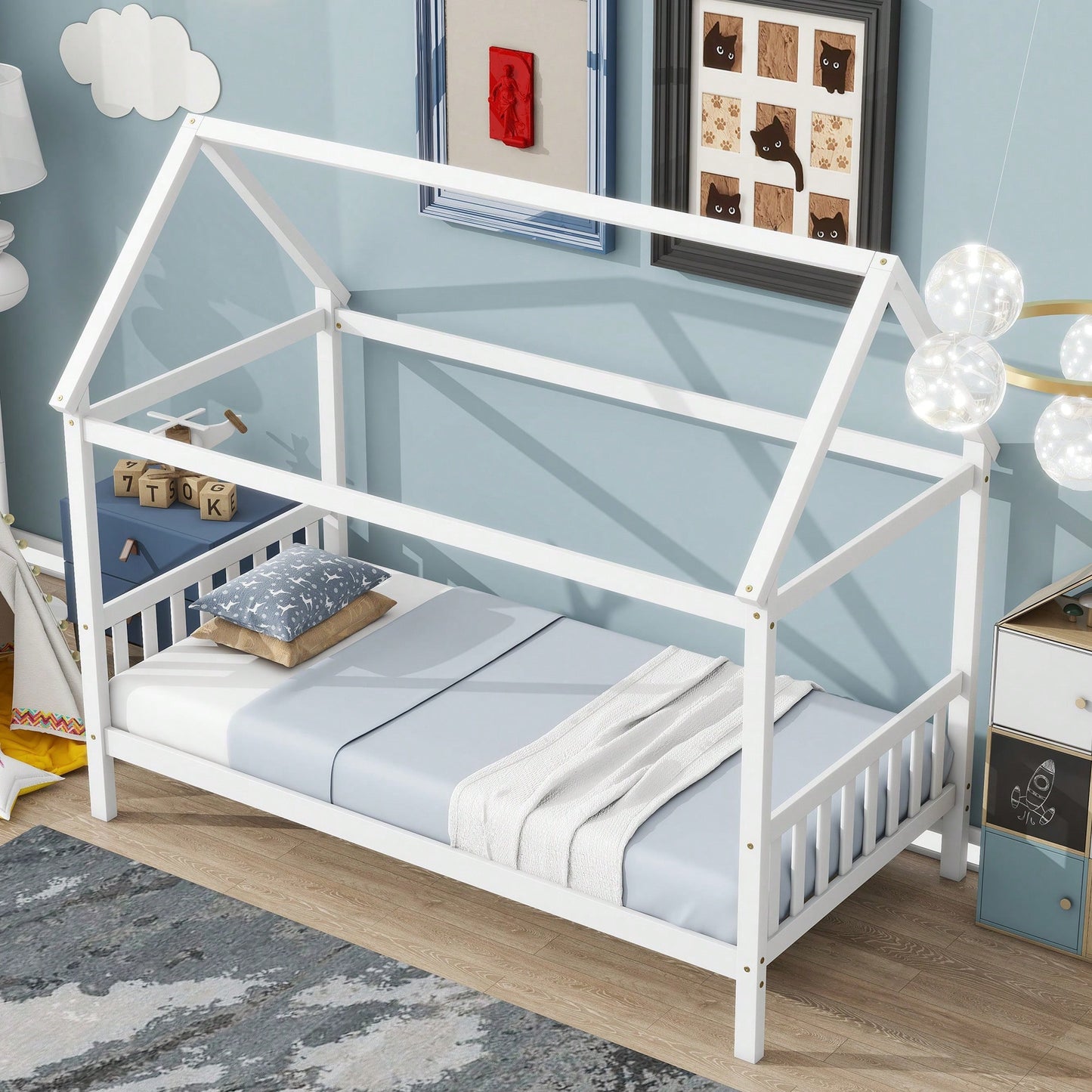 Twin House Bed With Headboard And Footboard In White Rubber Wood Frame
