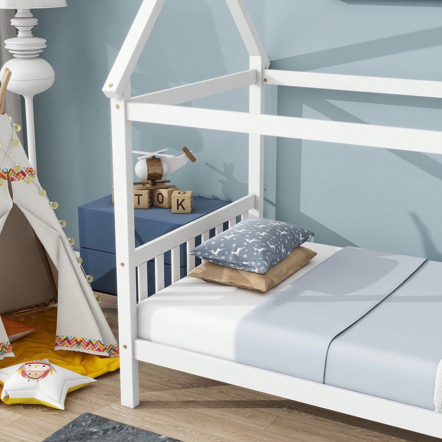 Twin House Bed With Headboard And Footboard In White Rubber Wood Frame