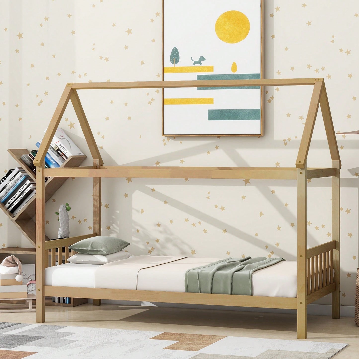 Twin House Bed With Headboard And Footboard In White Rubber Wood Frame
