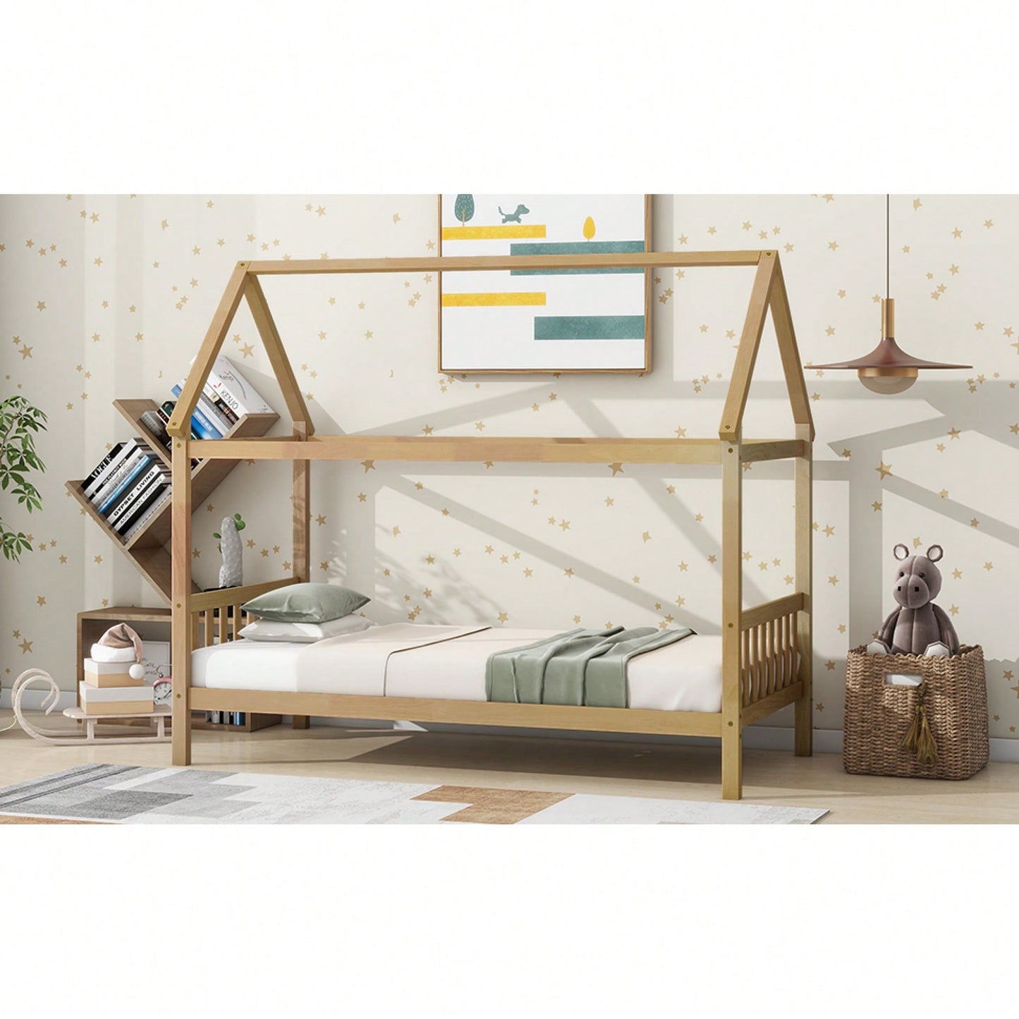 Twin House Bed With Headboard And Footboard In White Rubber Wood Frame