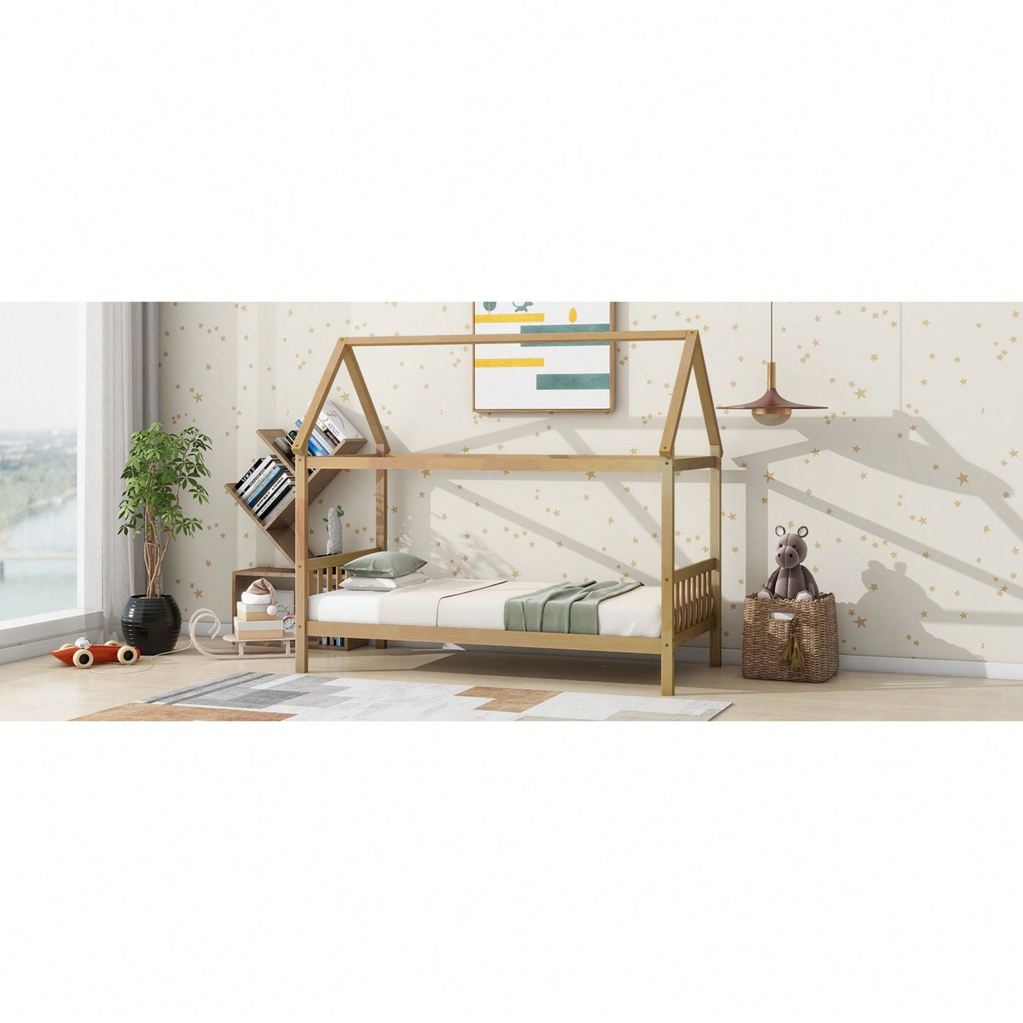 Twin House Bed With Headboard And Footboard In White Rubber Wood Frame