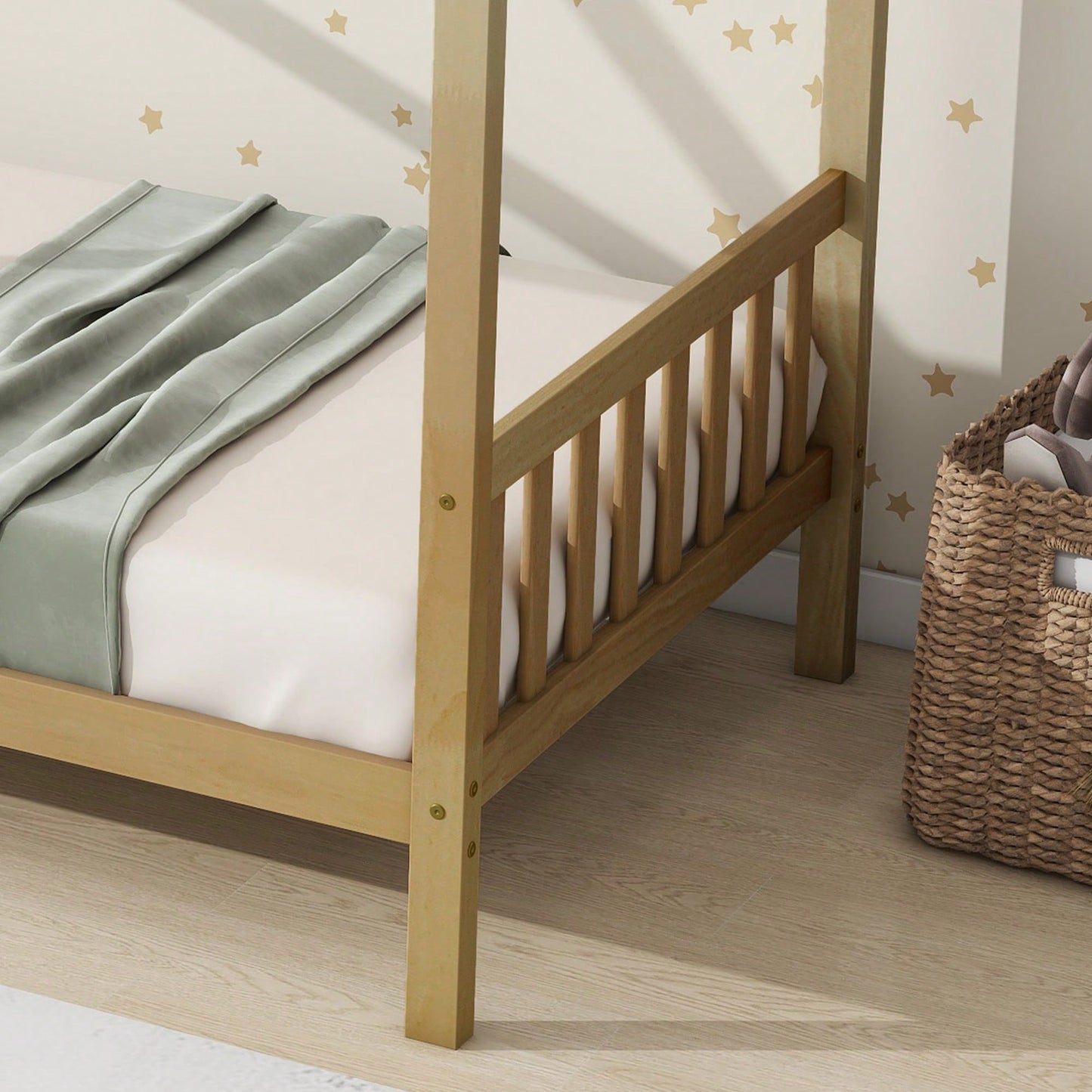 Twin House Bed With Headboard And Footboard In White Rubber Wood Frame