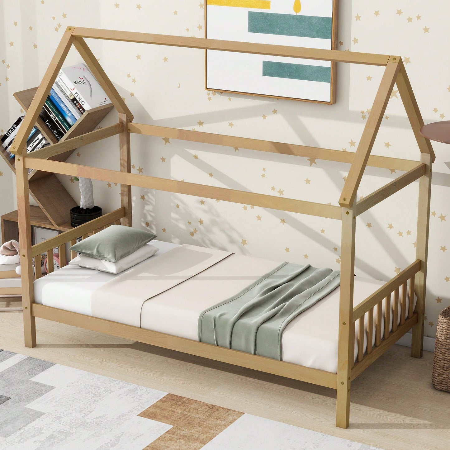 Twin House Bed With Headboard And Footboard In White Rubber Wood Frame