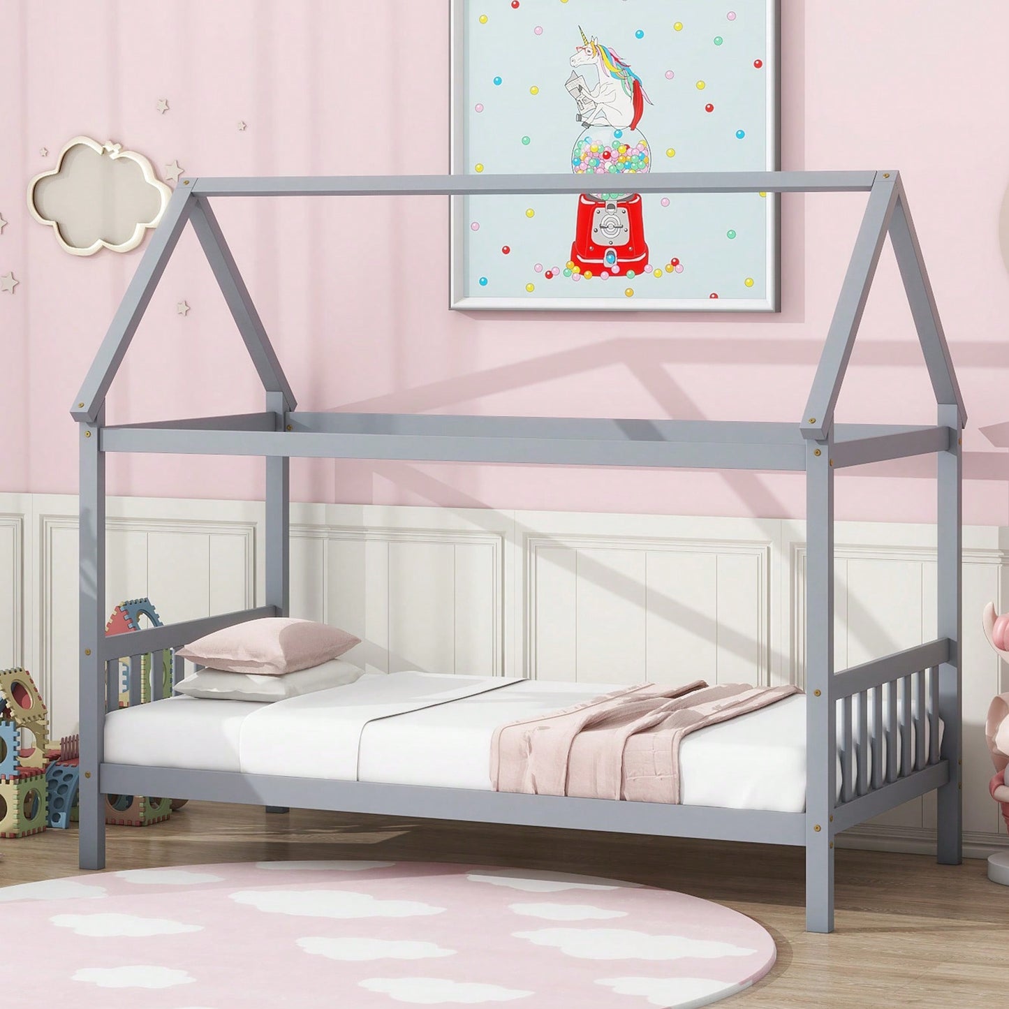 Twin House Bed With Headboard And Footboard In White Rubber Wood Frame