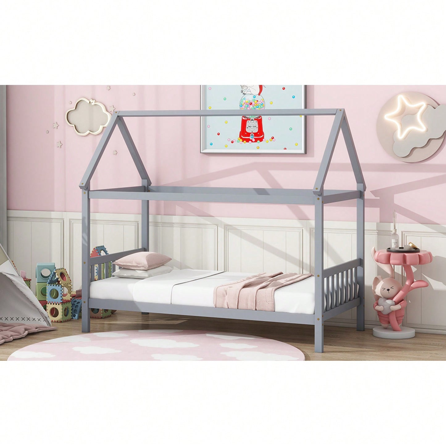 Twin House Bed With Headboard And Footboard In White Rubber Wood Frame