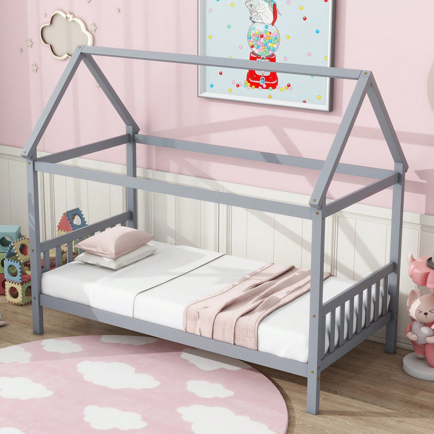 Twin House Bed With Headboard And Footboard In White Rubber Wood Frame