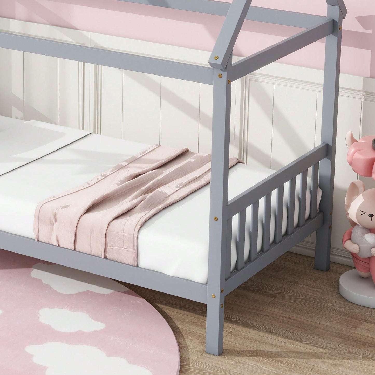 Twin House Bed With Headboard And Footboard In White Rubber Wood Frame